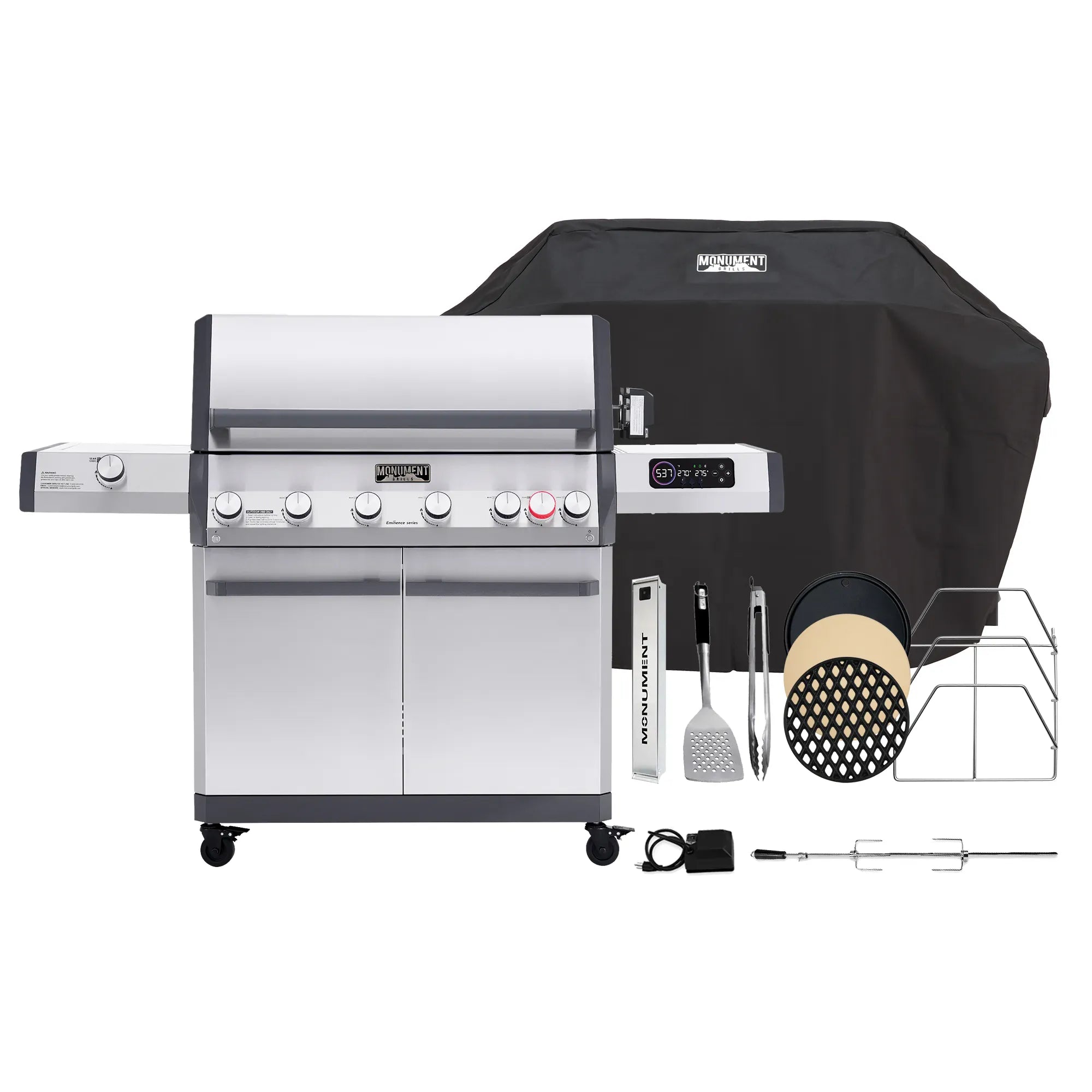 Monument Grills 6 Burner Grill Eminence 605 Ultimate Grill Bundle (Includes Cover + Rotisserie Kit + Grill Tool Set + Smoker Box + Cooking Plate Combo + Rack) Eminence 605 | Master Power Stainless Natural/Propane Gas Grill