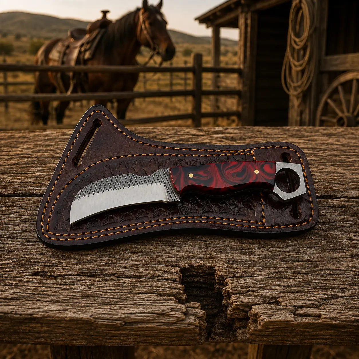 Ravenhook Rasp Steel Hawkbill Knife – Resin Handle & Leather Sheath