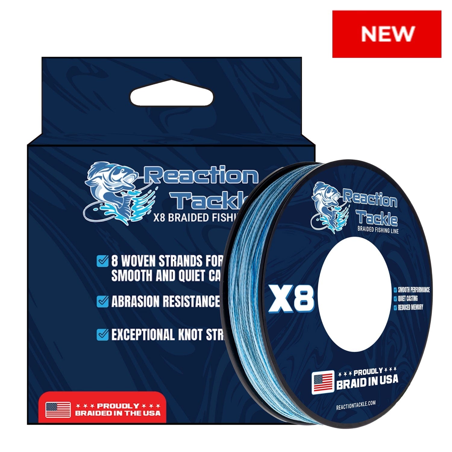 Reaction Tackle BRAIDED IN THE USA Fishing Line- X8 - X8 BLUE CAMO / 30LB / 500 yards