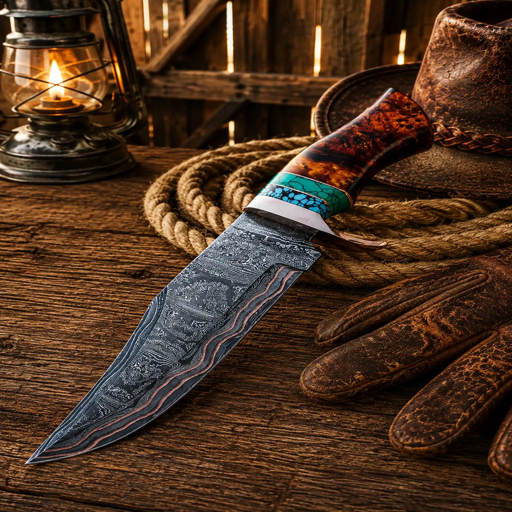 SHAM KNIVES Bowie knife Copper Damascus Hunting Knife – Turquoise & Resin Bowie