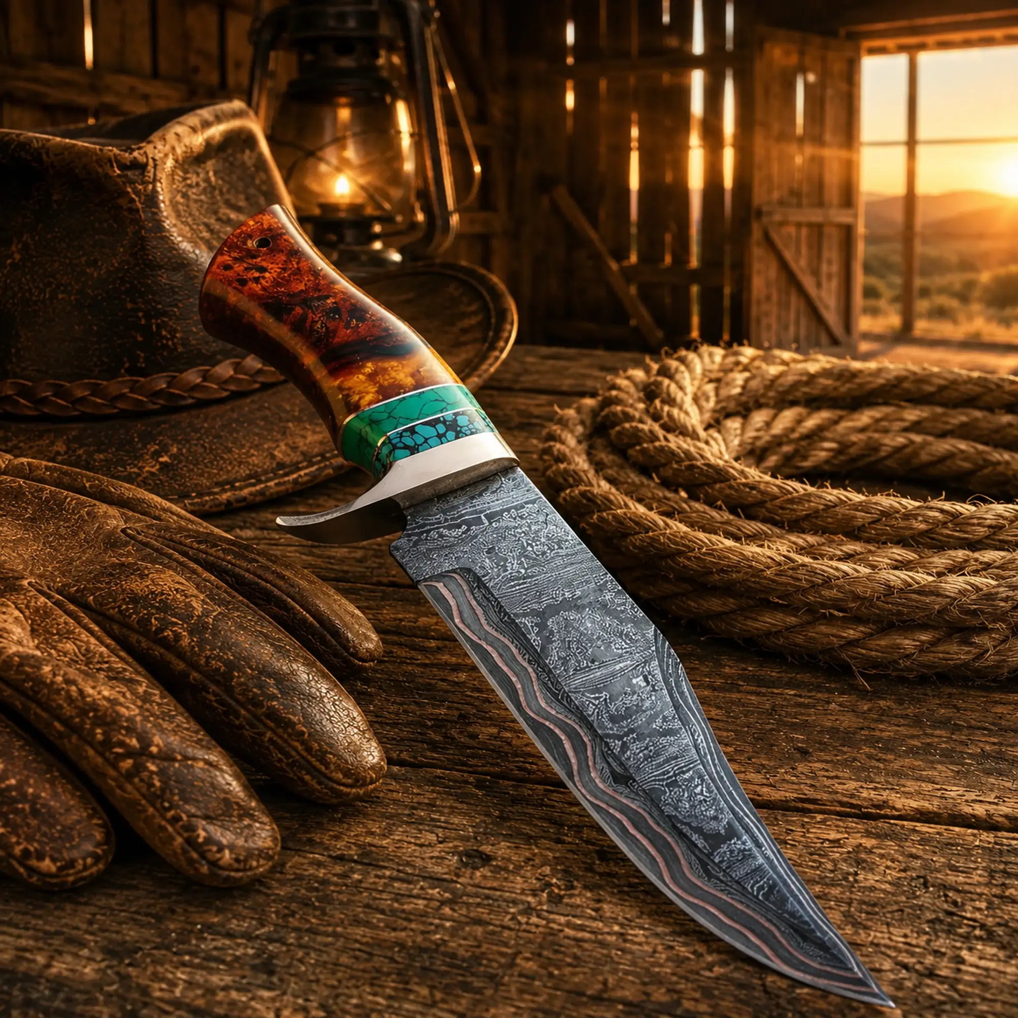 SHAM KNIVES Bowie knife Copper Damascus Hunting Knife – Turquoise & Resin Bowie