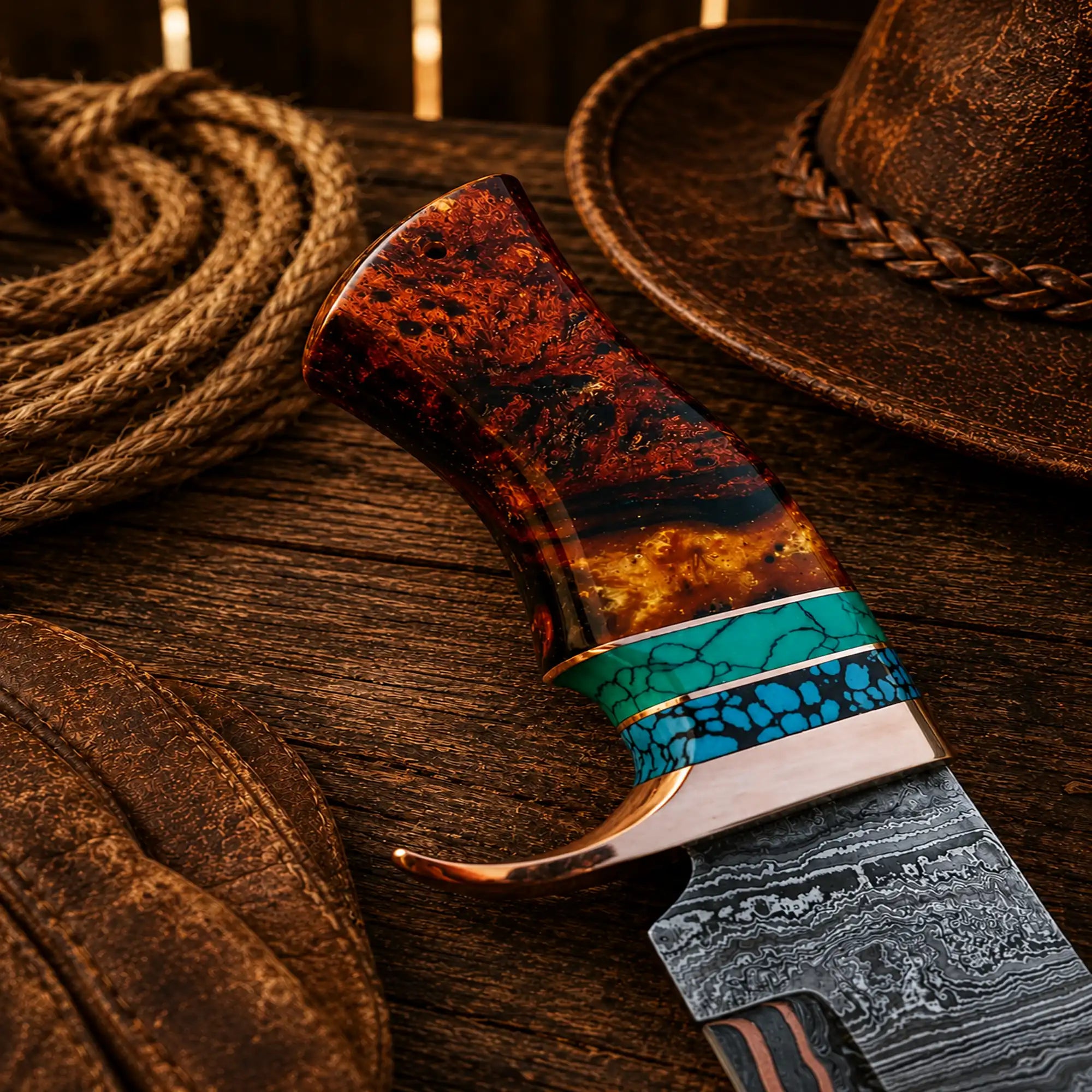 SHAM KNIVES Bowie knife Copper Damascus Hunting Knife – Turquoise & Resin Bowie