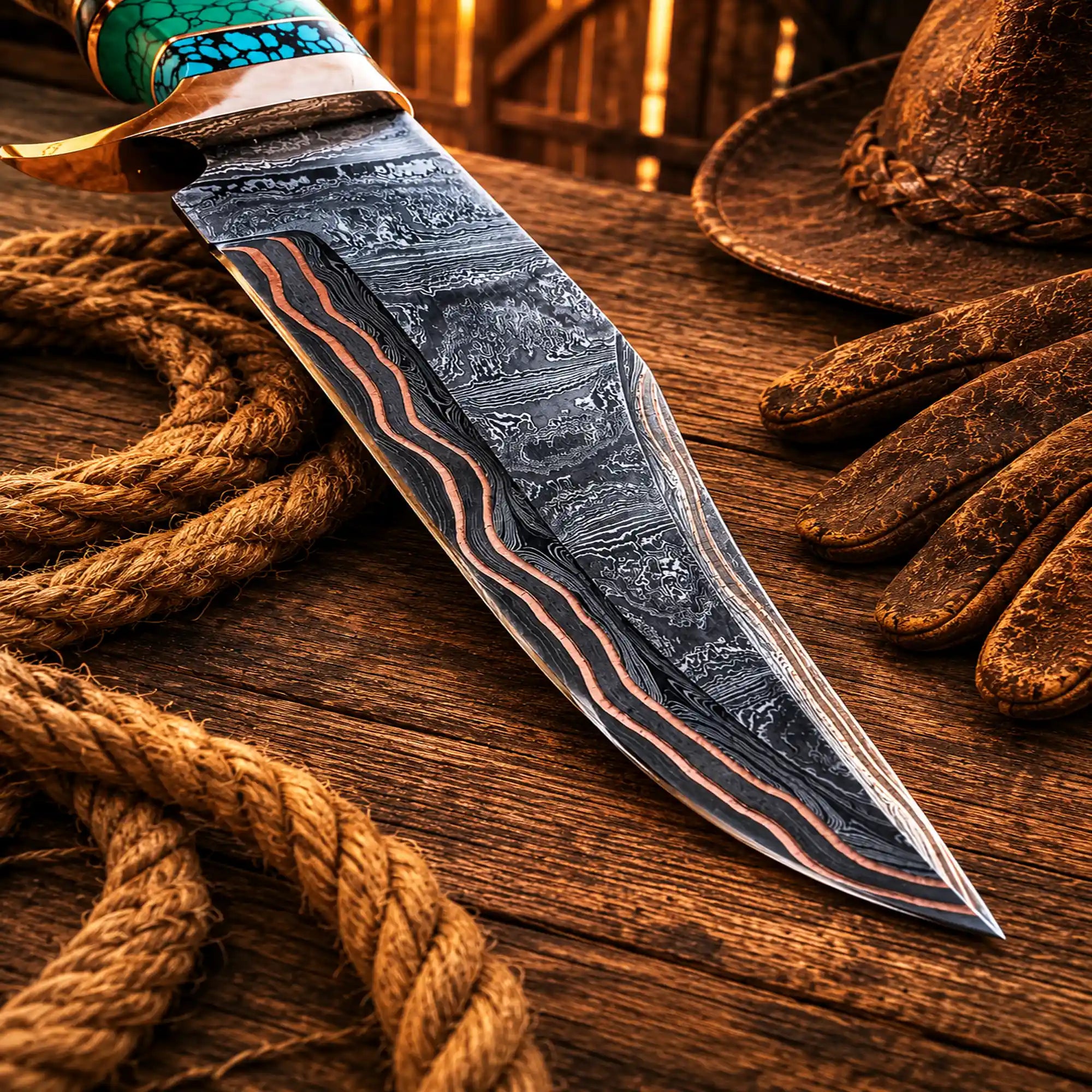 SHAM KNIVES Bowie knife Copper Damascus Hunting Knife – Turquoise & Resin Bowie