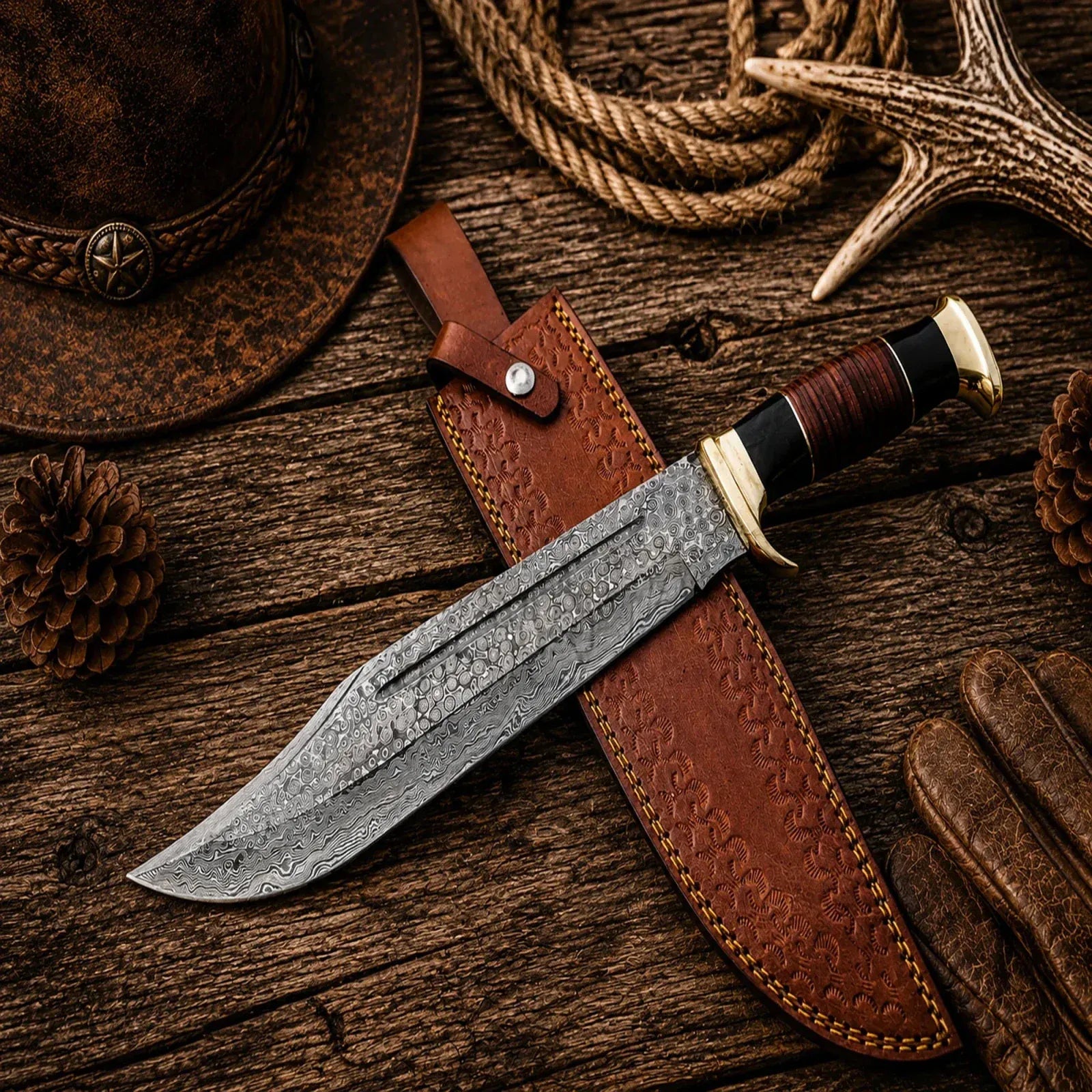 SHAM KNIVES Bowie knife Crocodile Dundee Bowie Knife for sale – 16" Damascus Steel with Leather Sheath