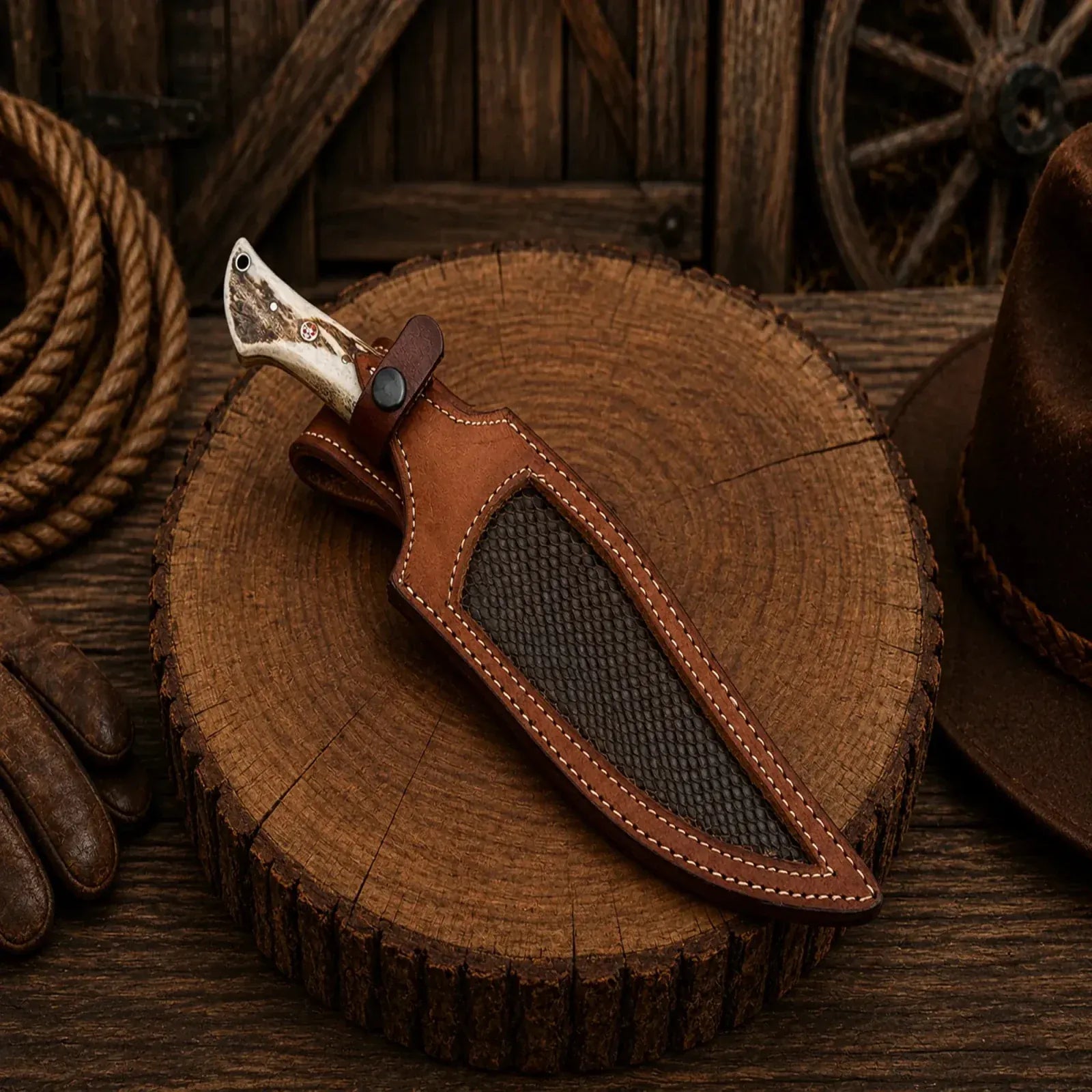 SHAM KNIVES Bowie knife Deer Hunting Bowie Knife – Frostfang Damascus Steel Stag Handle