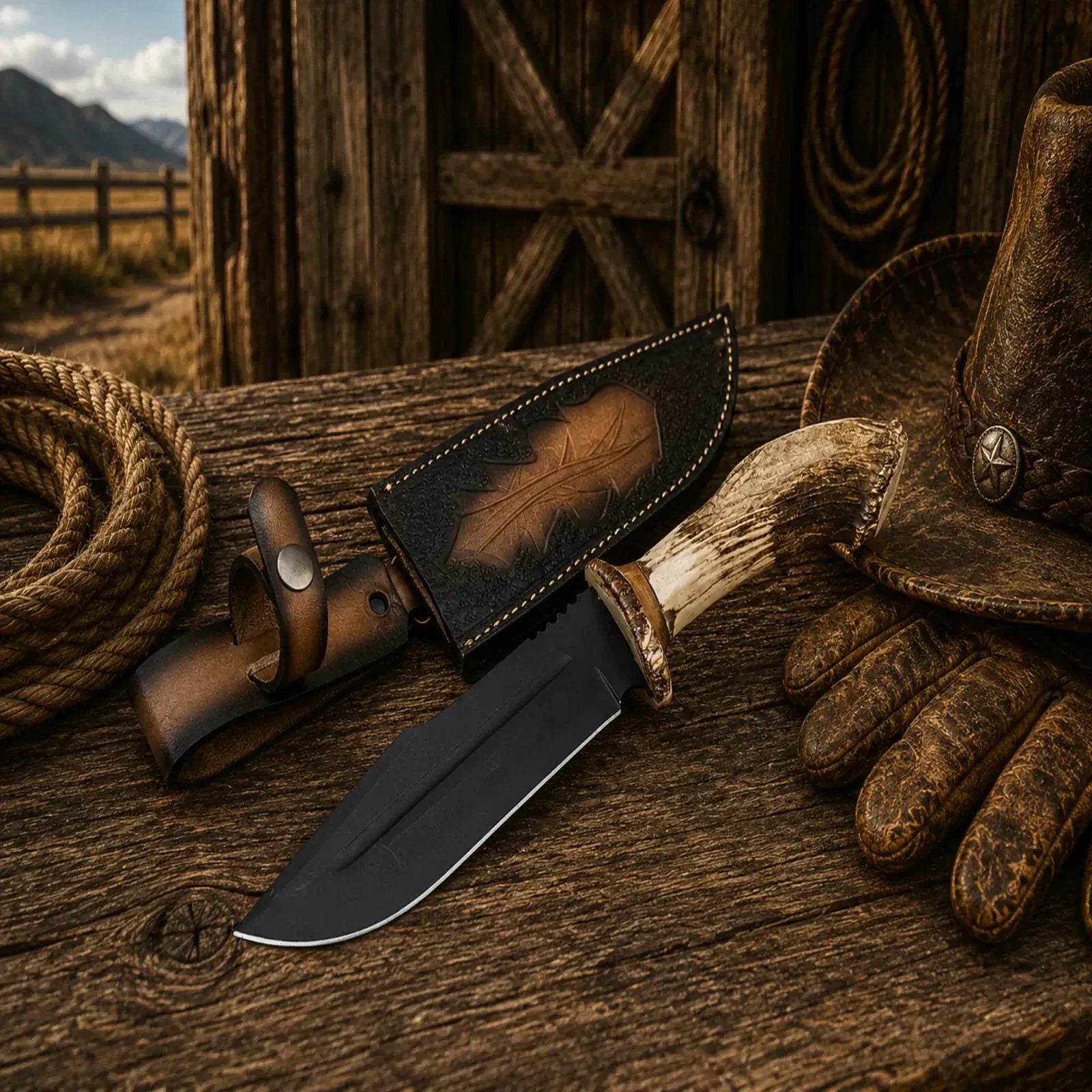 SHAM KNIVES Bowie knife Frontier Hunter Bowie Knife – D2 Acid Etched Antler Handle