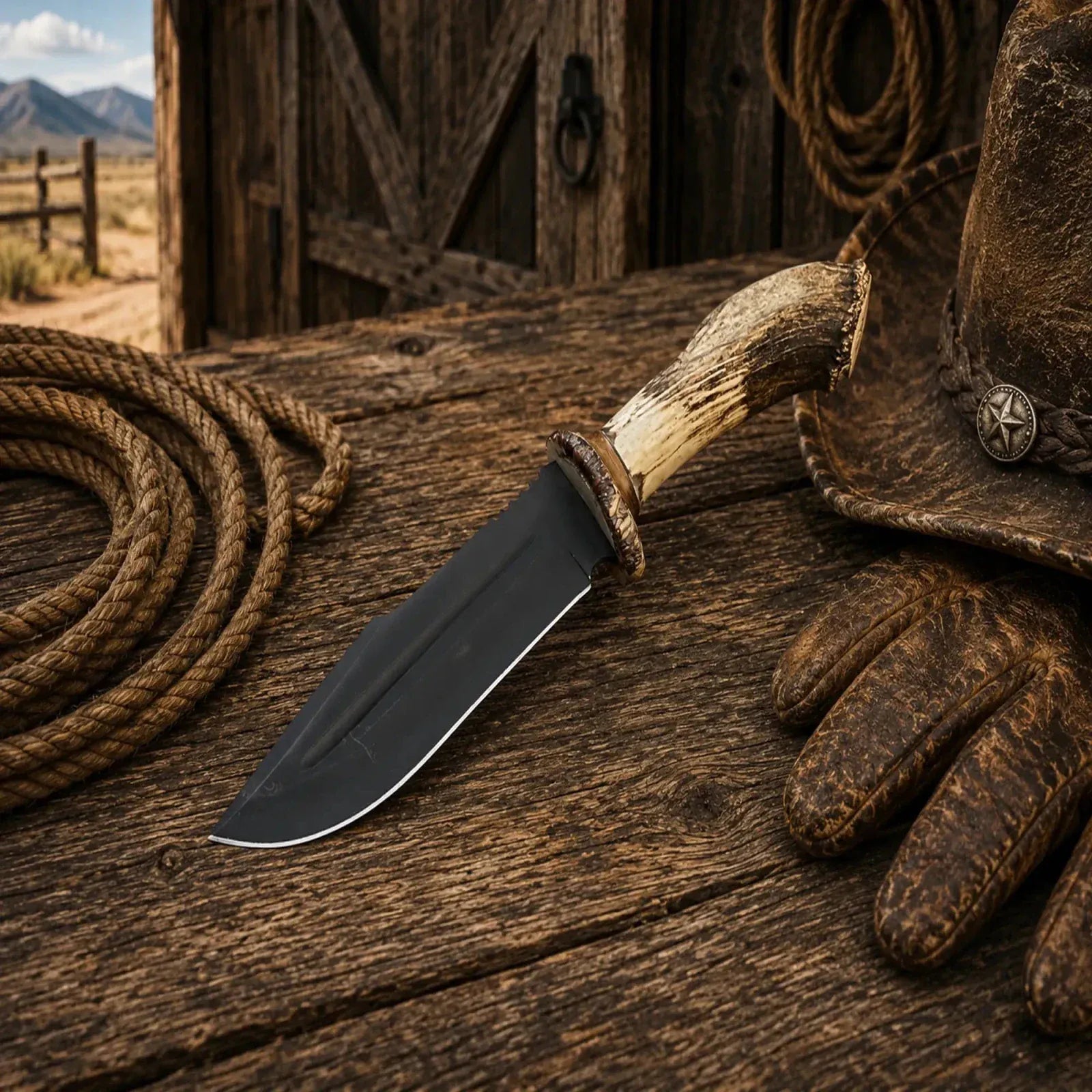 SHAM KNIVES Bowie knife Frontier Hunter Bowie Knife – D2 Acid Etched Antler Handle