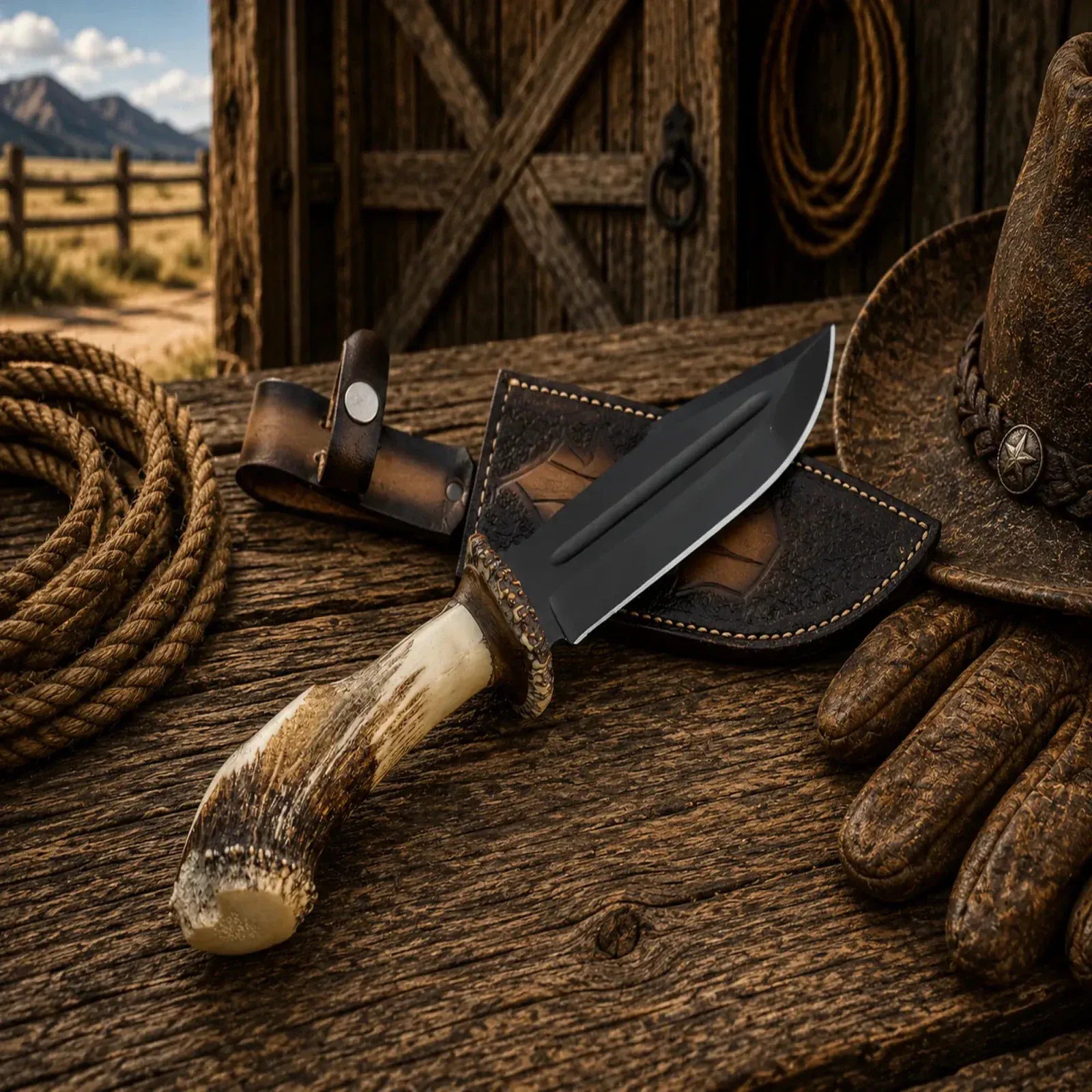SHAM KNIVES Bowie knife Frontier Hunter Bowie Knife – D2 Acid Etched Antler Handle