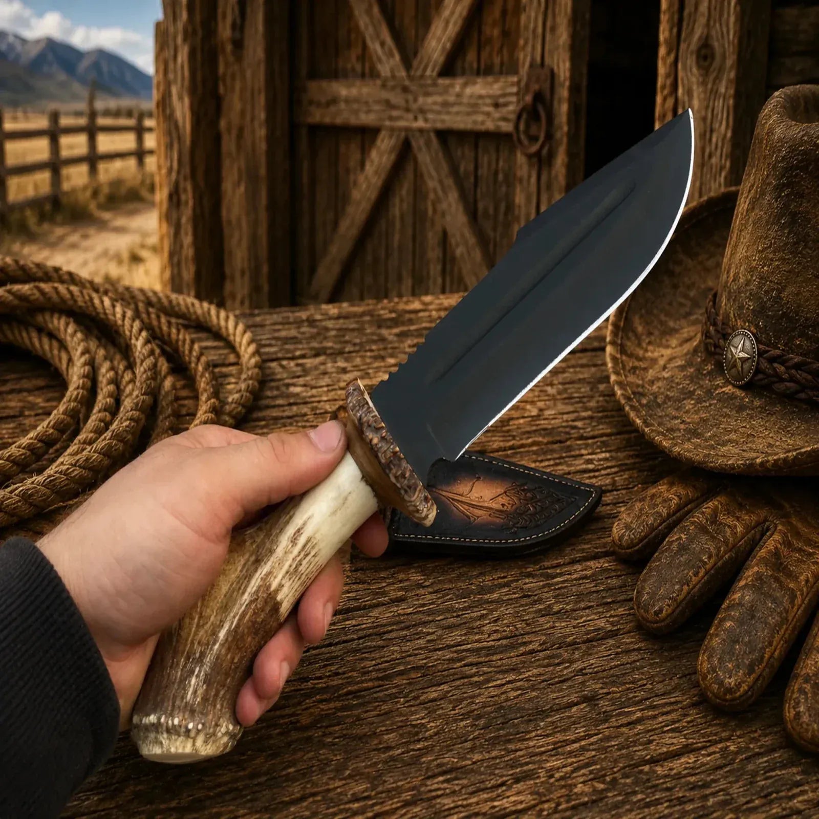 SHAM KNIVES Bowie knife Frontier Hunter Bowie Knife – D2 Acid Etched Antler Handle