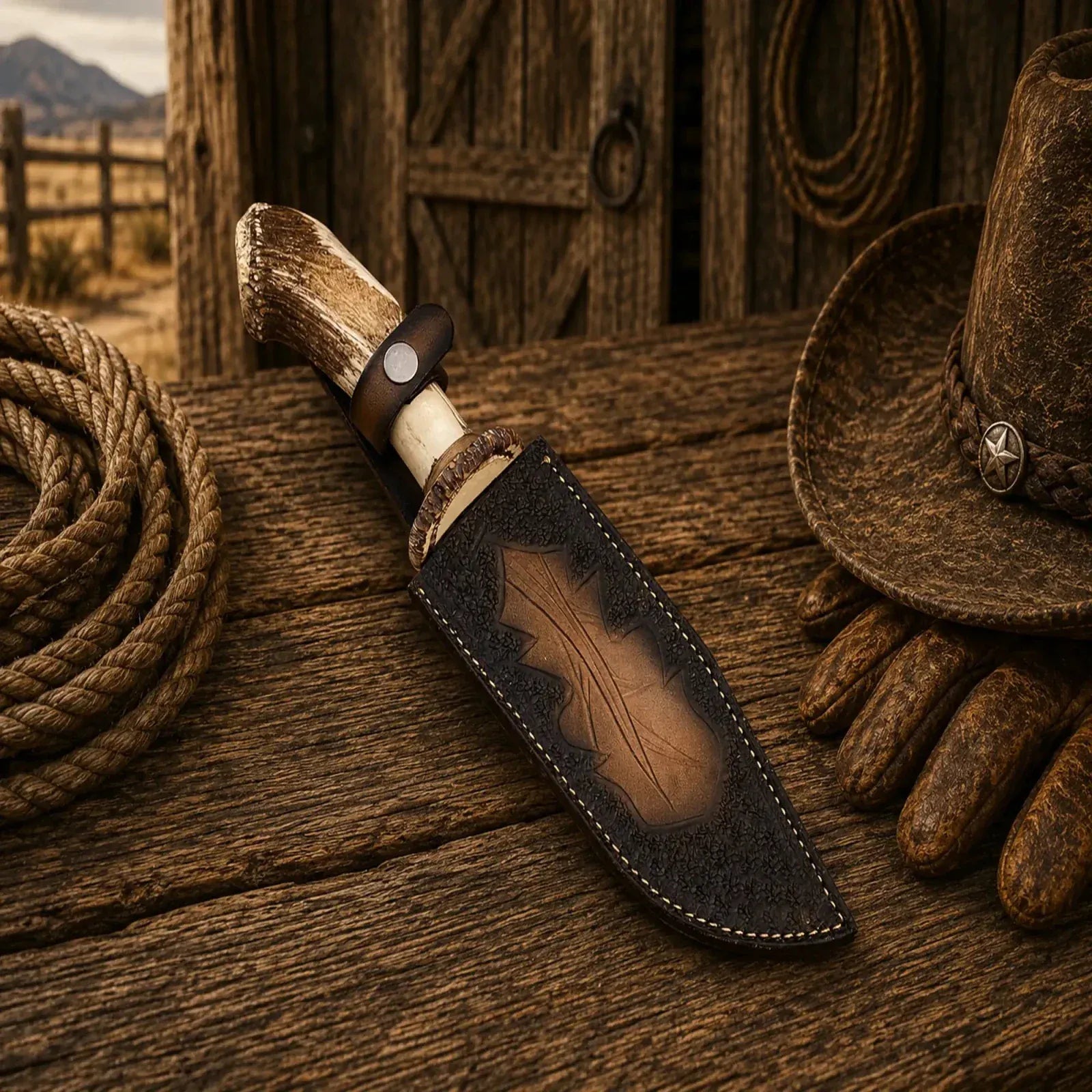 SHAM KNIVES Bowie knife Frontier Hunter Bowie Knife – D2 Acid Etched Antler Handle