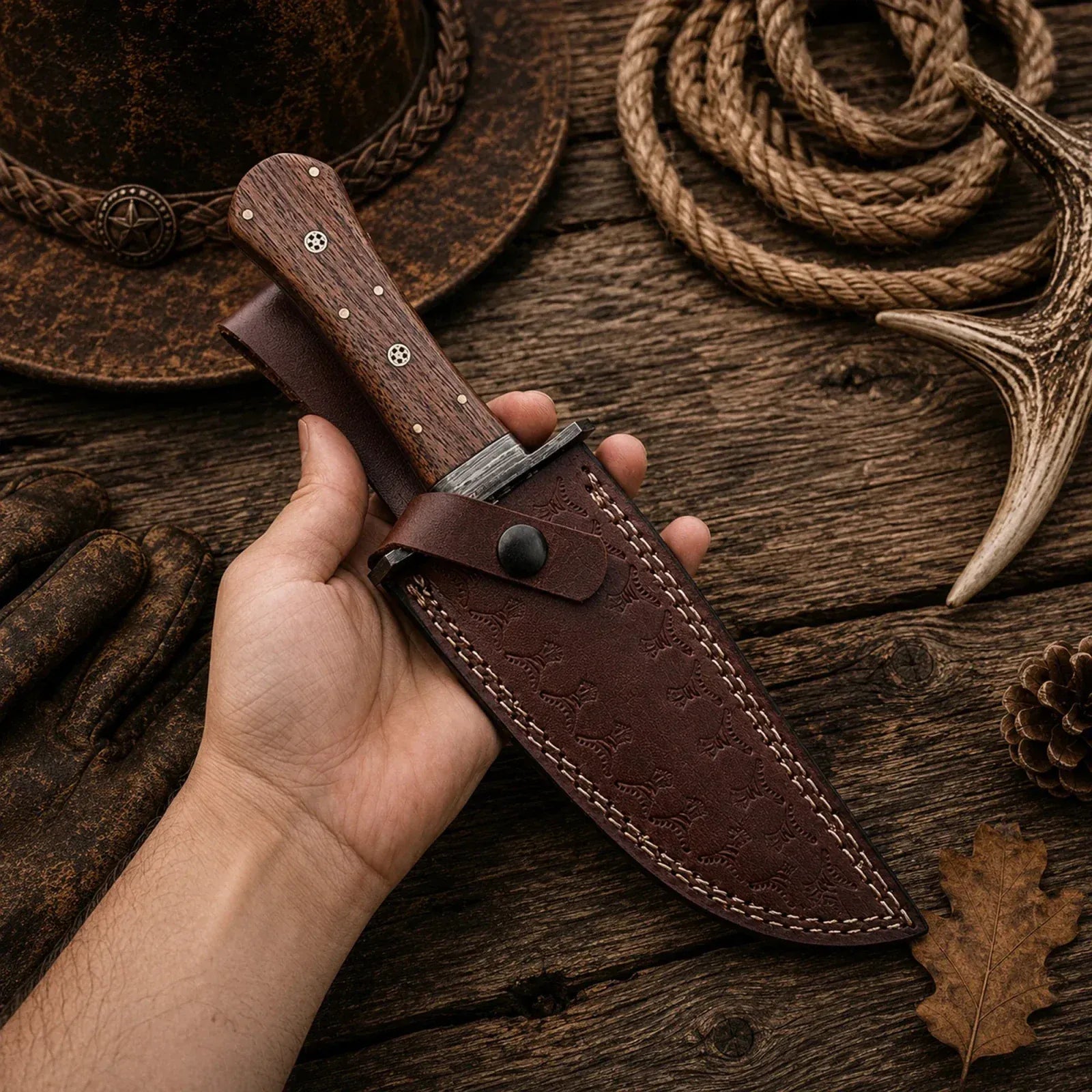 SHAM KNIVES Bowie knife Handmade 11" Feather Damascus Bowie Knife with Rosewood Handle & Leather Sheath