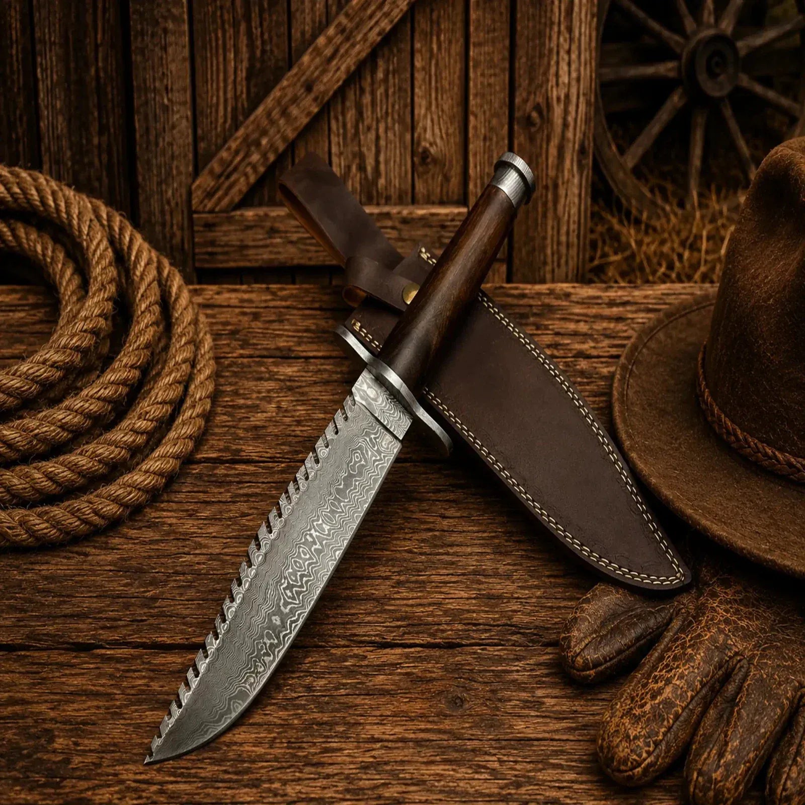 SHAM KNIVES Bowie knife Real Rambo Bowie Knife – Damascus Steel Walnut Wood Handle
