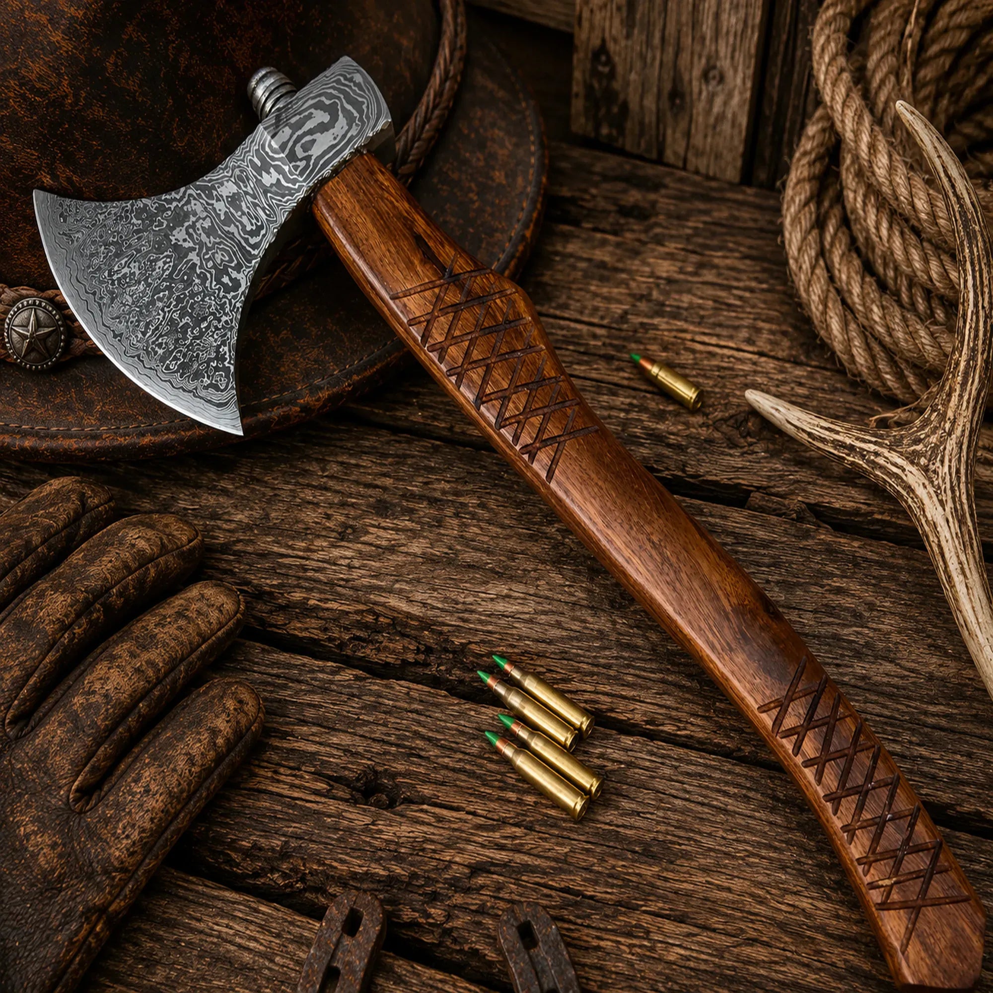 SHAM KNIVES Camping Axe Custom Damascus Steel Axe with Rosewood Handle | Handmade Camping Hatchet