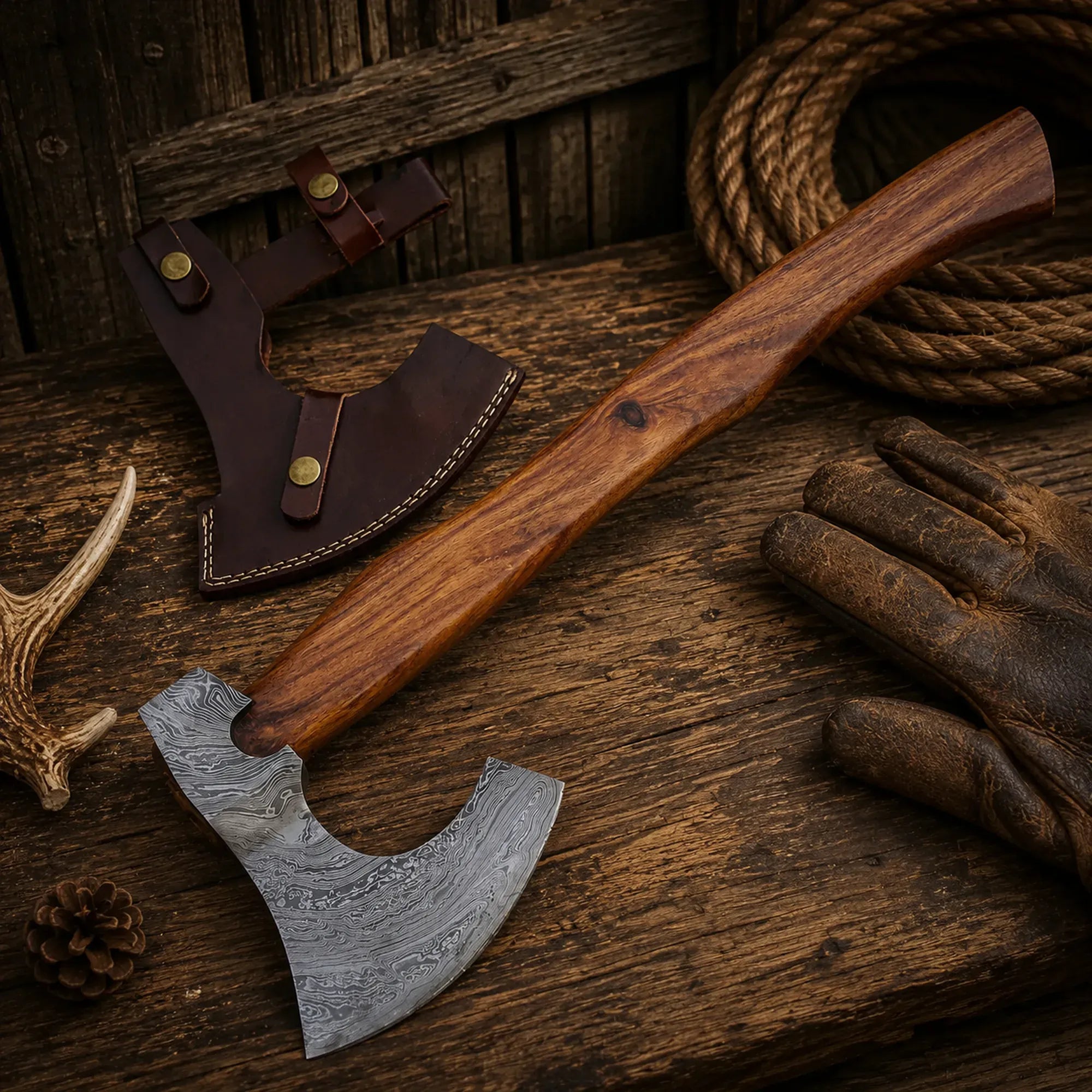 SHAM KNIVES Camping Axe Custom Handmade Damascus Steel Axe Hatchet with Rosewood Handle & Sheath