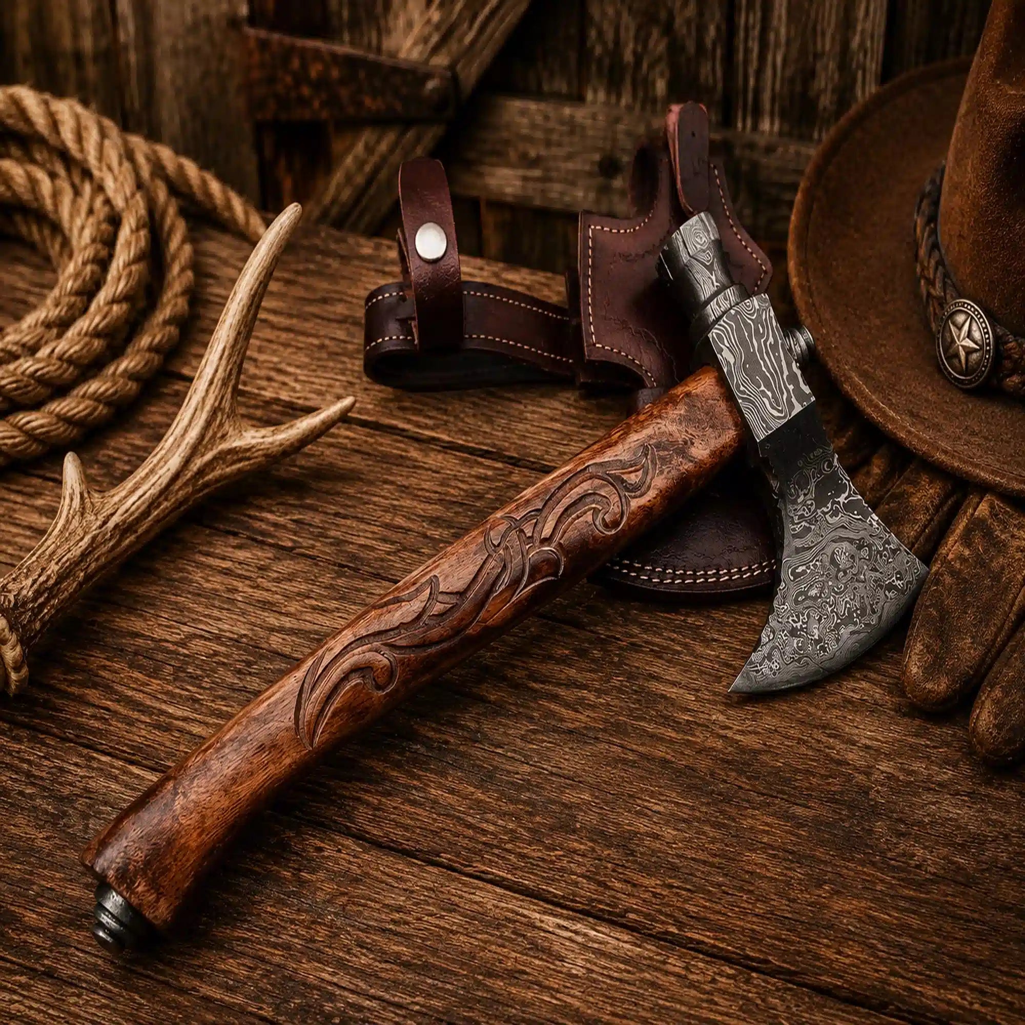 SHAM KNIVES Camping Axe Gift Ready Smoking Pipe Tomahawk Damascus Axe with Carved Rosewood Handle