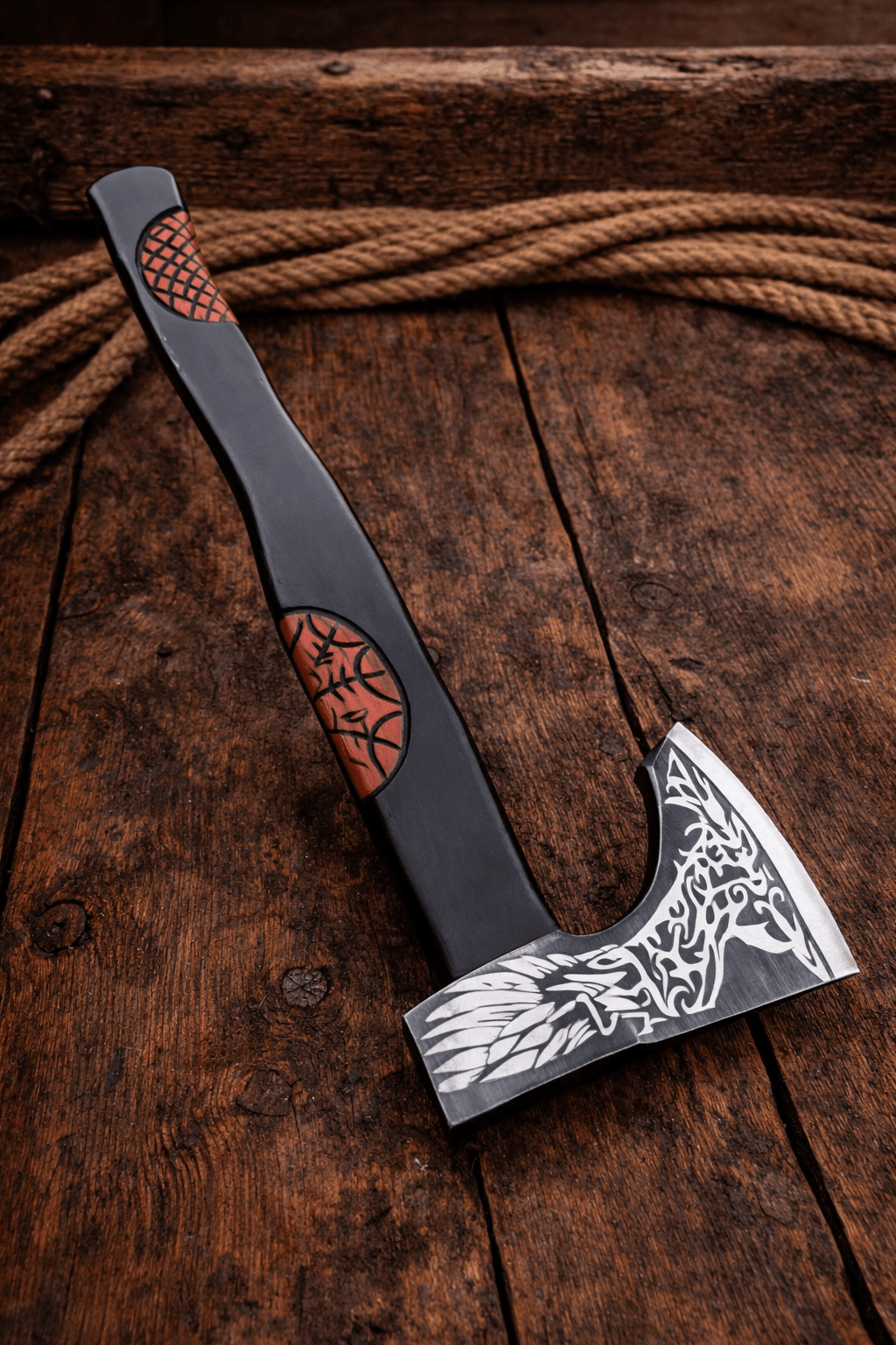 SHAM KNIVES Camping Axe Shadowfang Viking Bearded Axe – Hand Forged High Carbon Steel Norse Battle Axe with Engraved Wolf Blade