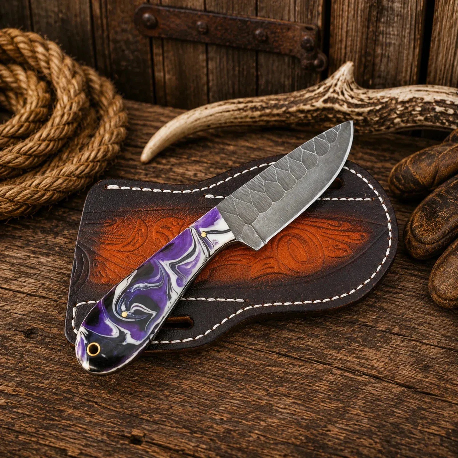 SHAM KNIVES Cowboy Knife Amethyst Buckaroo Skinner Knife – Acid Wash D2 Steel & Purple Resin Handle