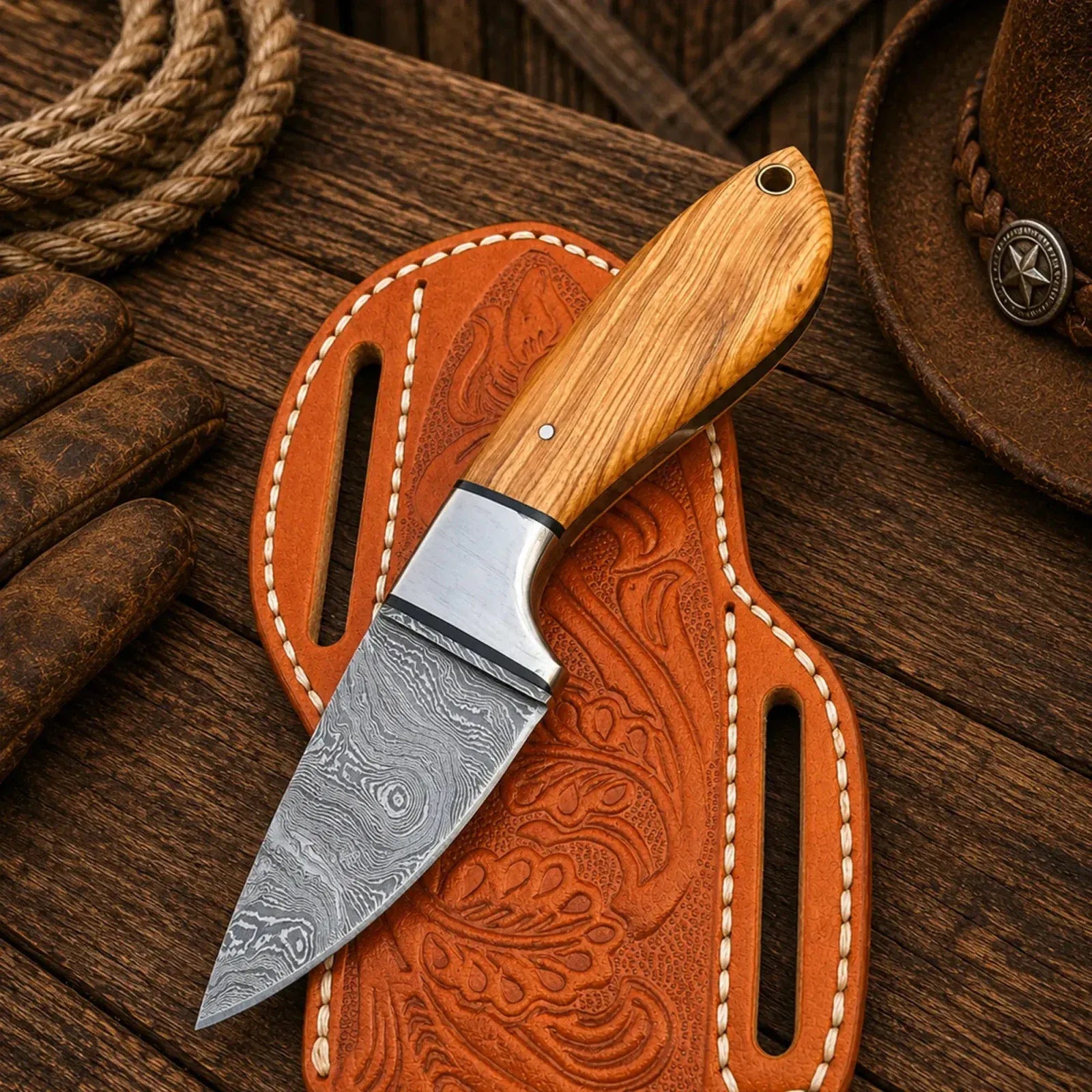 SHAM KNIVES Cowboy Knife Buckaroo Sheath Knife – 3" Damascus Steel Olive Wood Handle