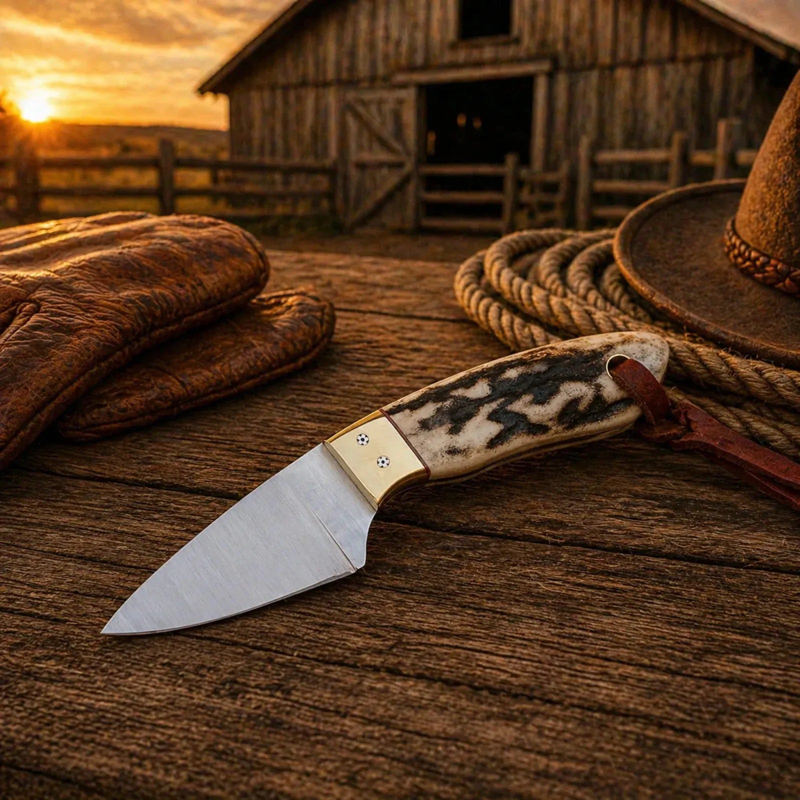 SHAM KNIVES Cowboy Knife Buckaroo Sheath Knife – D2 Steel Blade & Antler Horn Handle