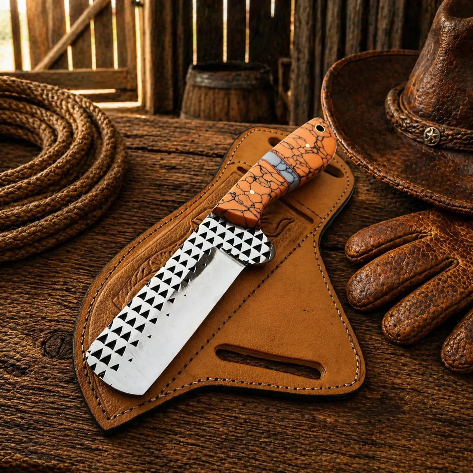 SHAM KNIVES Cowboy Knife Bullcutter Knife Rasp Steel Blade Turquoise Handle Leather