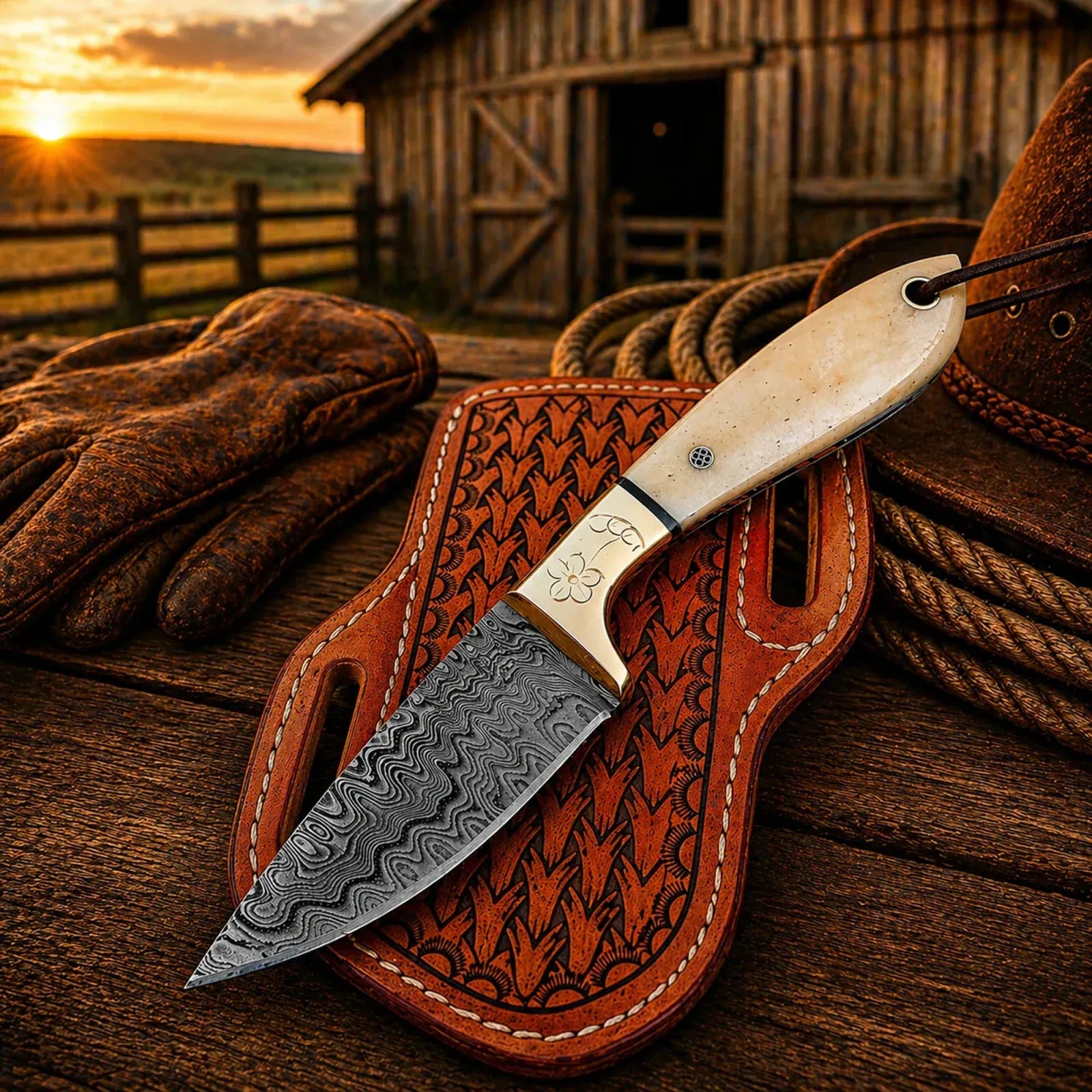 SHAM KNIVES Cowboy Knife Cowboy Belt Knife – 3.5" Damascus Steel Blade & Bone Handle