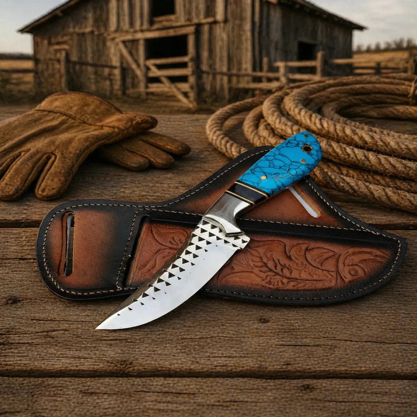 SHAM KNIVES Cowboy Knife Cowboy Belt Knife – Rasp Tool Steel & Turquoise Handle