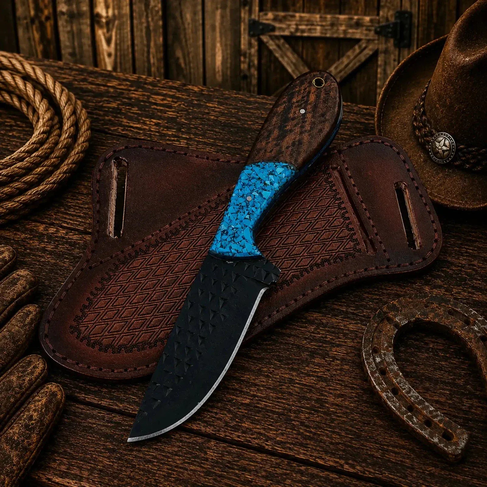 SHAM KNIVES Cowboy Knife Cowboy Field Working Knife – Black Powder Coated Rasp Steel Blade with Turquoise & wood Handle