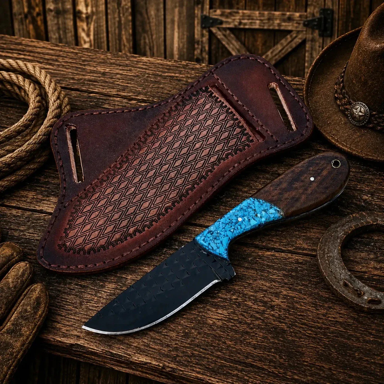 SHAM KNIVES Cowboy Knife Cowboy Field Working Knife – Black Powder Coated Rasp Steel Blade with Turquoise & wood Handle