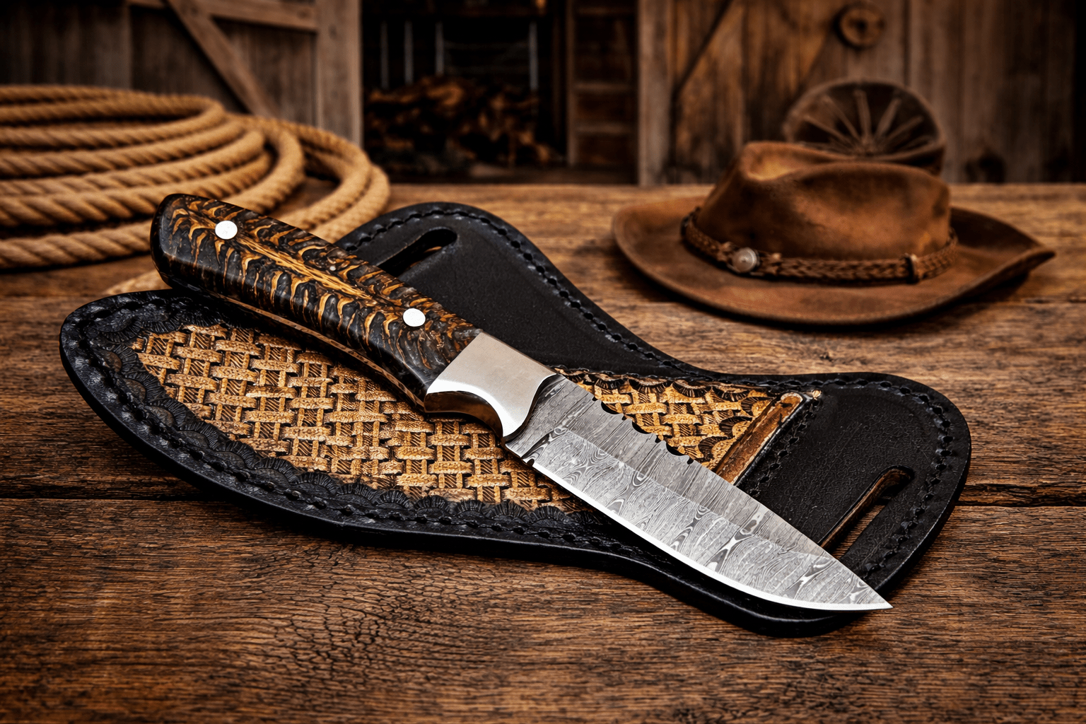 SHAM KNIVES Cowboy Knife Cowboy Hunting Sheath Knife – 4" Damascus Steel Pinecone Handle