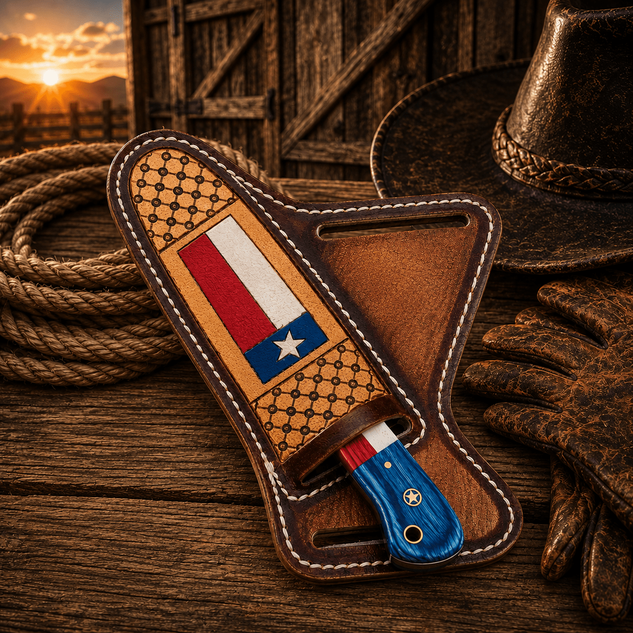 SHAM KNIVES Cowboy Knife Cowboy Knife – Handmade Steel Blade Flag Handle Belt Sheath