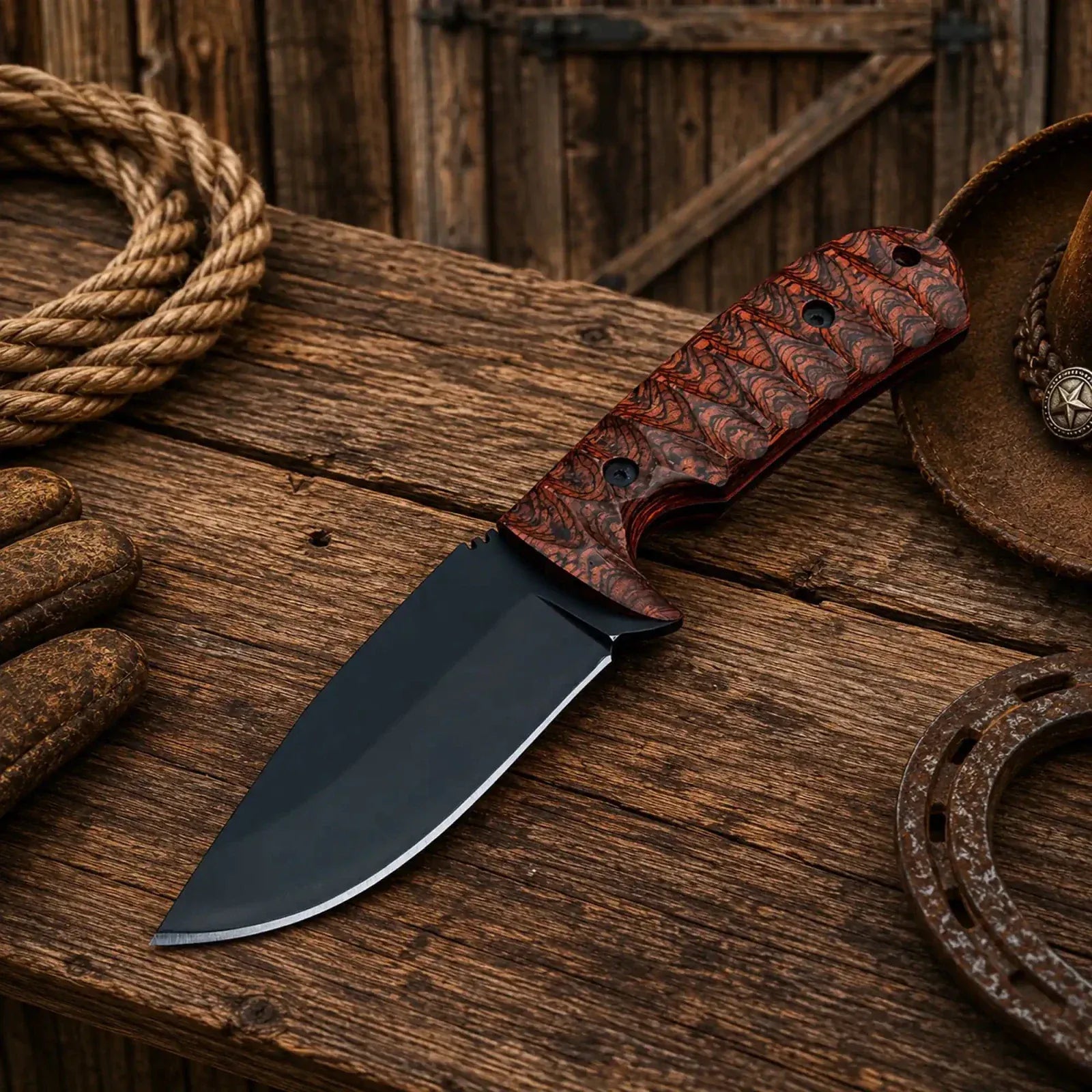 SHAM KNIVES Cowboy Knife Cross Draw Ranch Knife – D2 Powder Coat Blade, Exotic Jigged Wood Handle