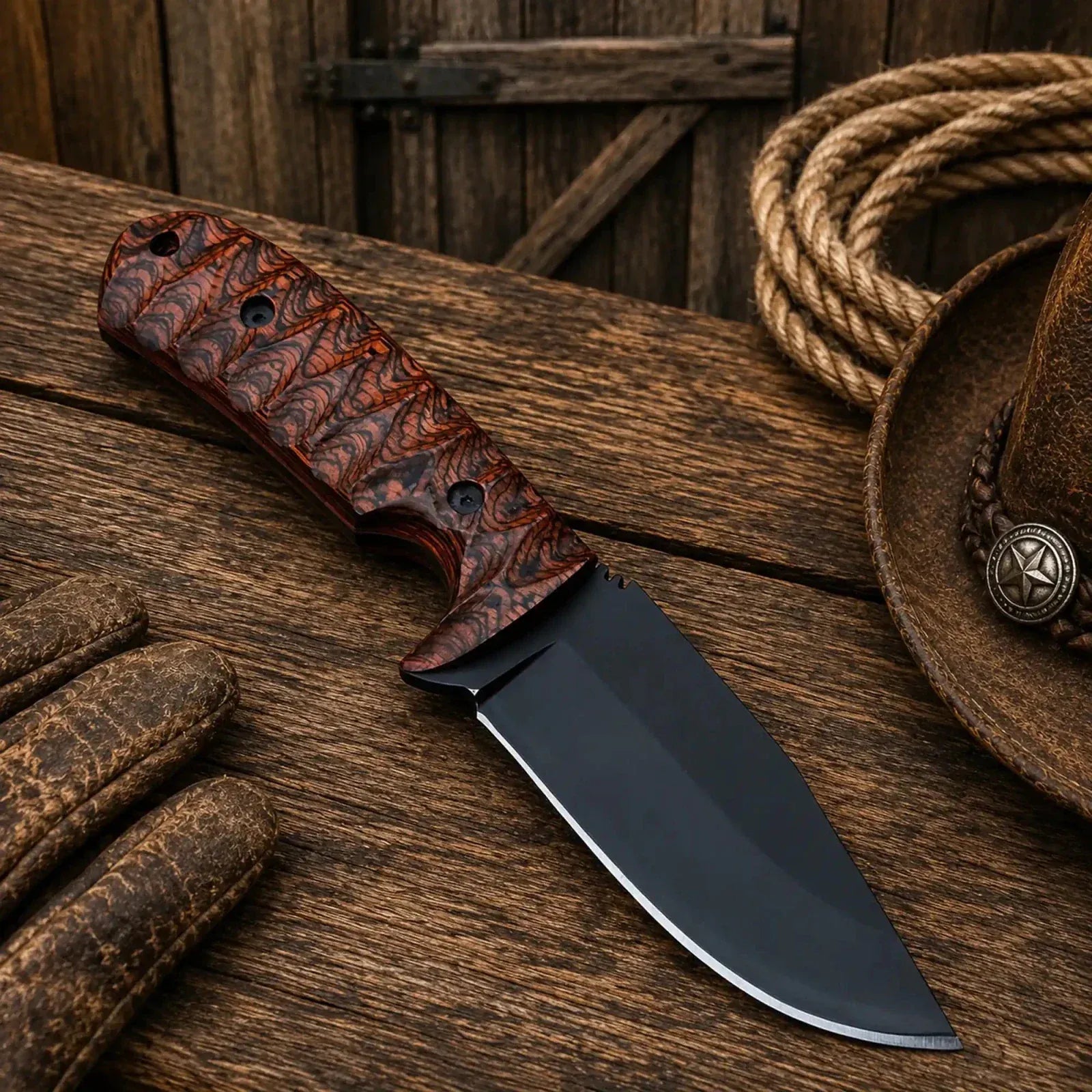 SHAM KNIVES Cowboy Knife Cross Draw Ranch Knife – D2 Powder Coat Blade, Exotic Jigged Wood Handle