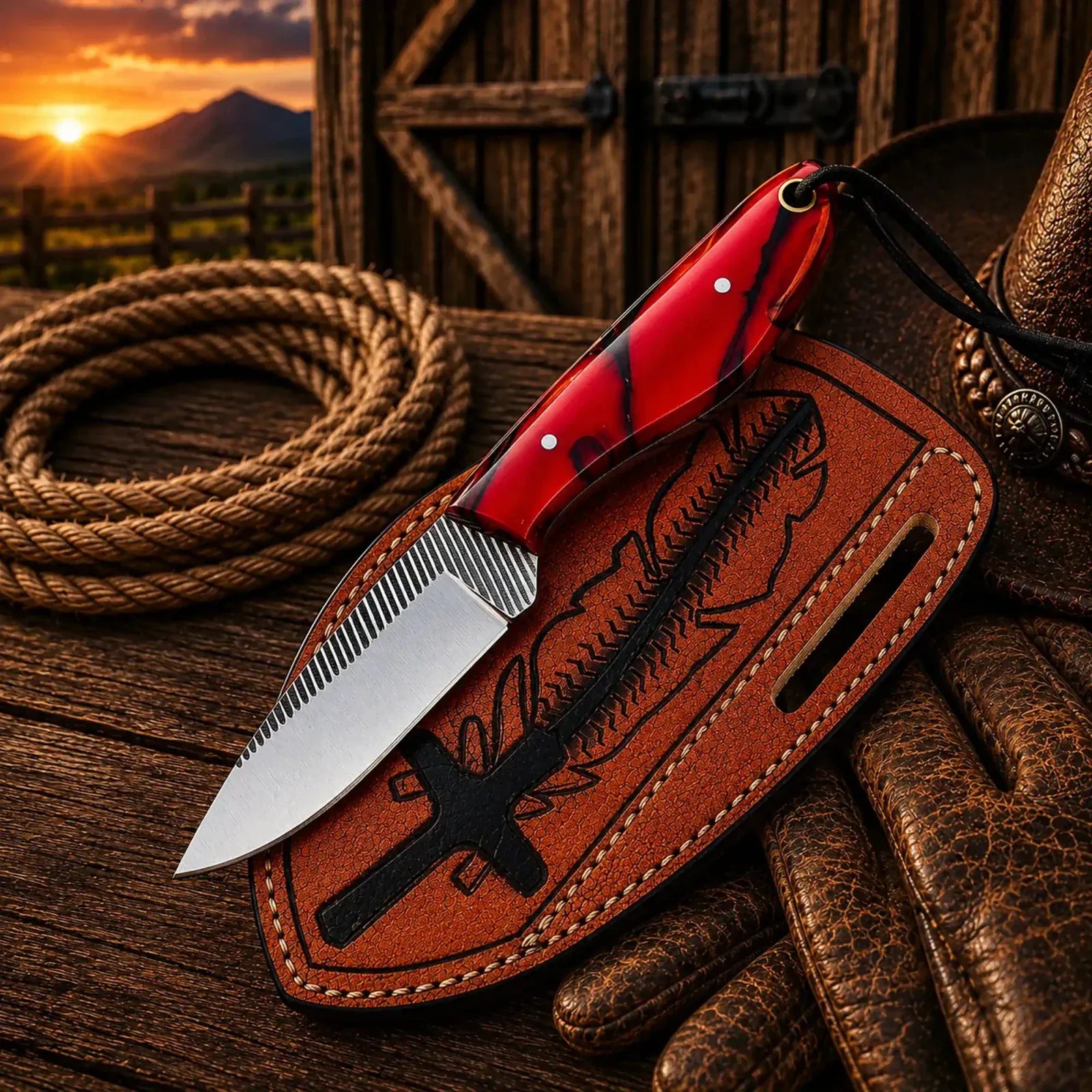 SHAM KNIVES Cowboy Knife Custom Pancake Sheath Knife – Rasp File Blade Resin Handle