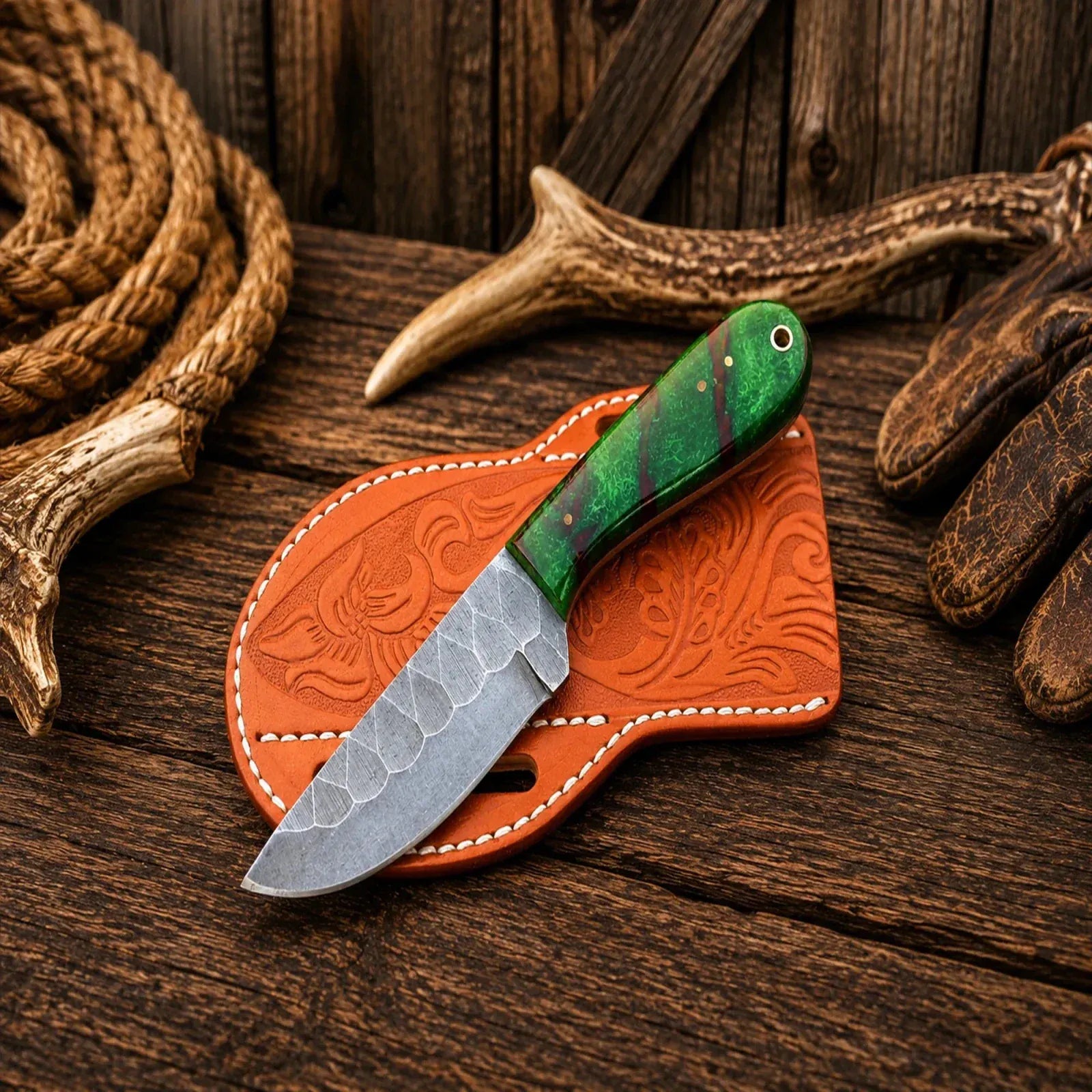 SHAM KNIVES Cowboy Knife Emerald Mesa Scout Skinner Knife – D2 Acid Wash Blade, Green Resin Handle & Belt Sheath