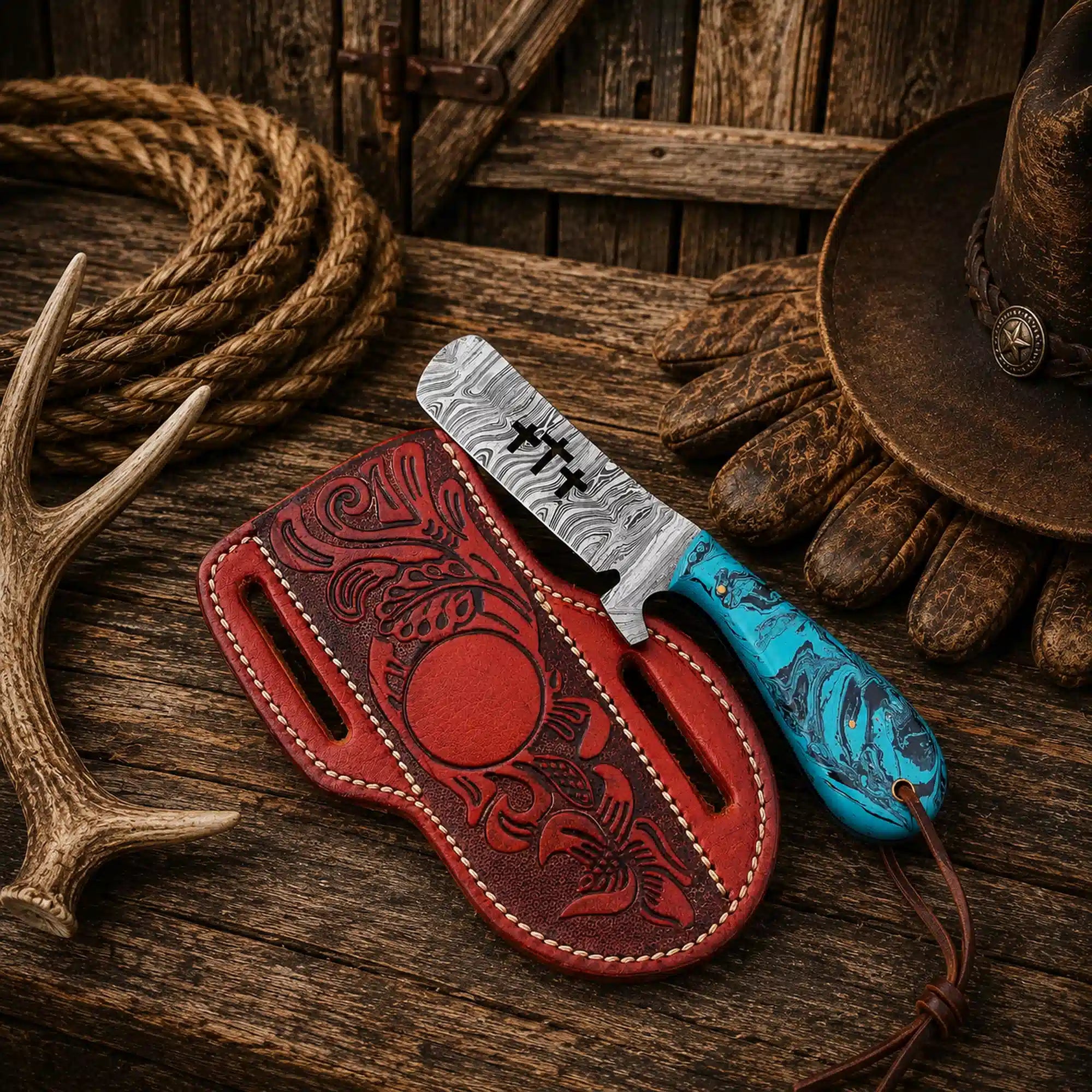 SHAM KNIVES Cowboy Knife Gift Ready Bull Cutter Knife – 4" Damascus Steel Blade & Epoxy Resin Handle