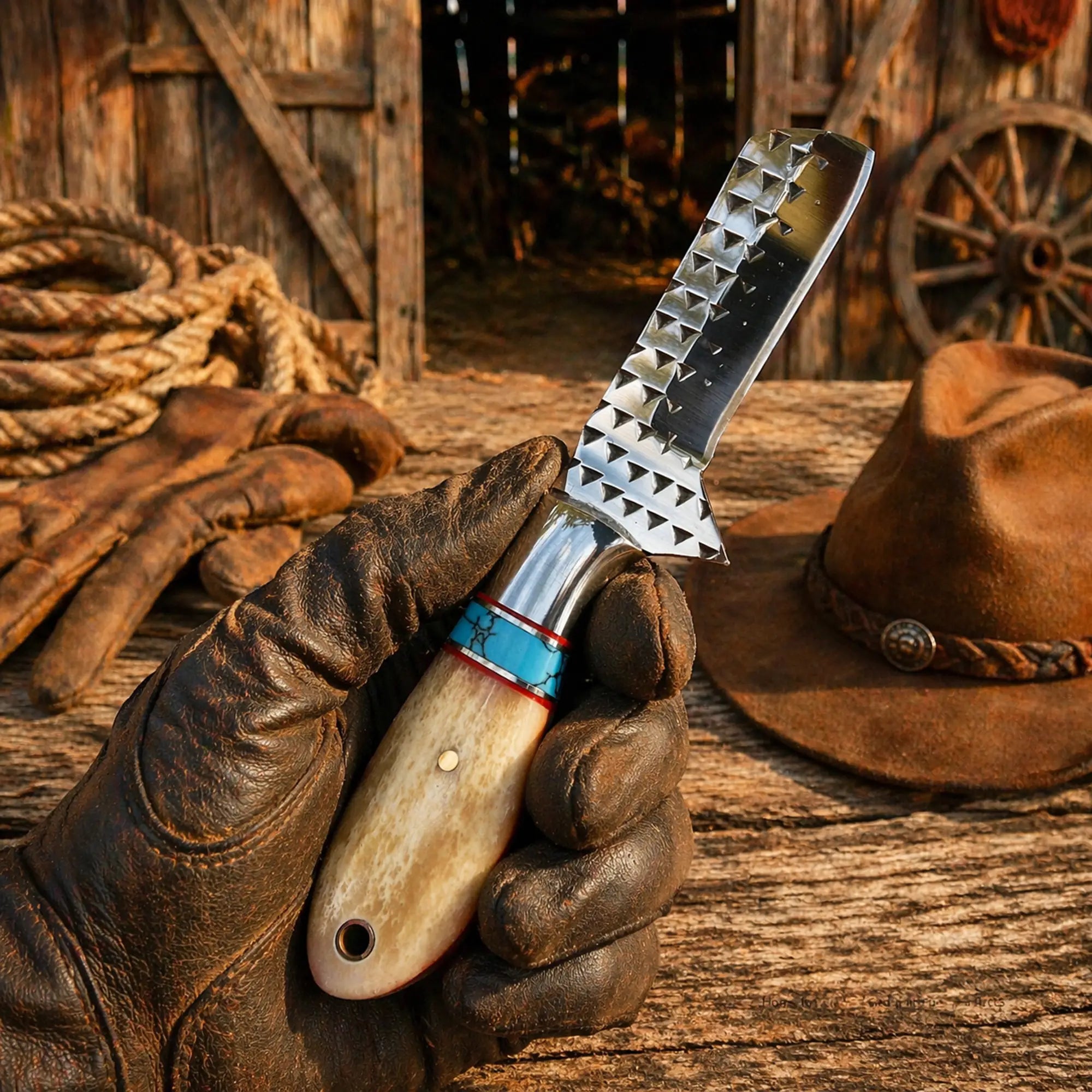 SHAM KNIVES Cowboy Knife Handmade Rasp Steel Cowboy Bull Cutter Knife – Turquoise & Camel Bone Handle with Leather Sheath