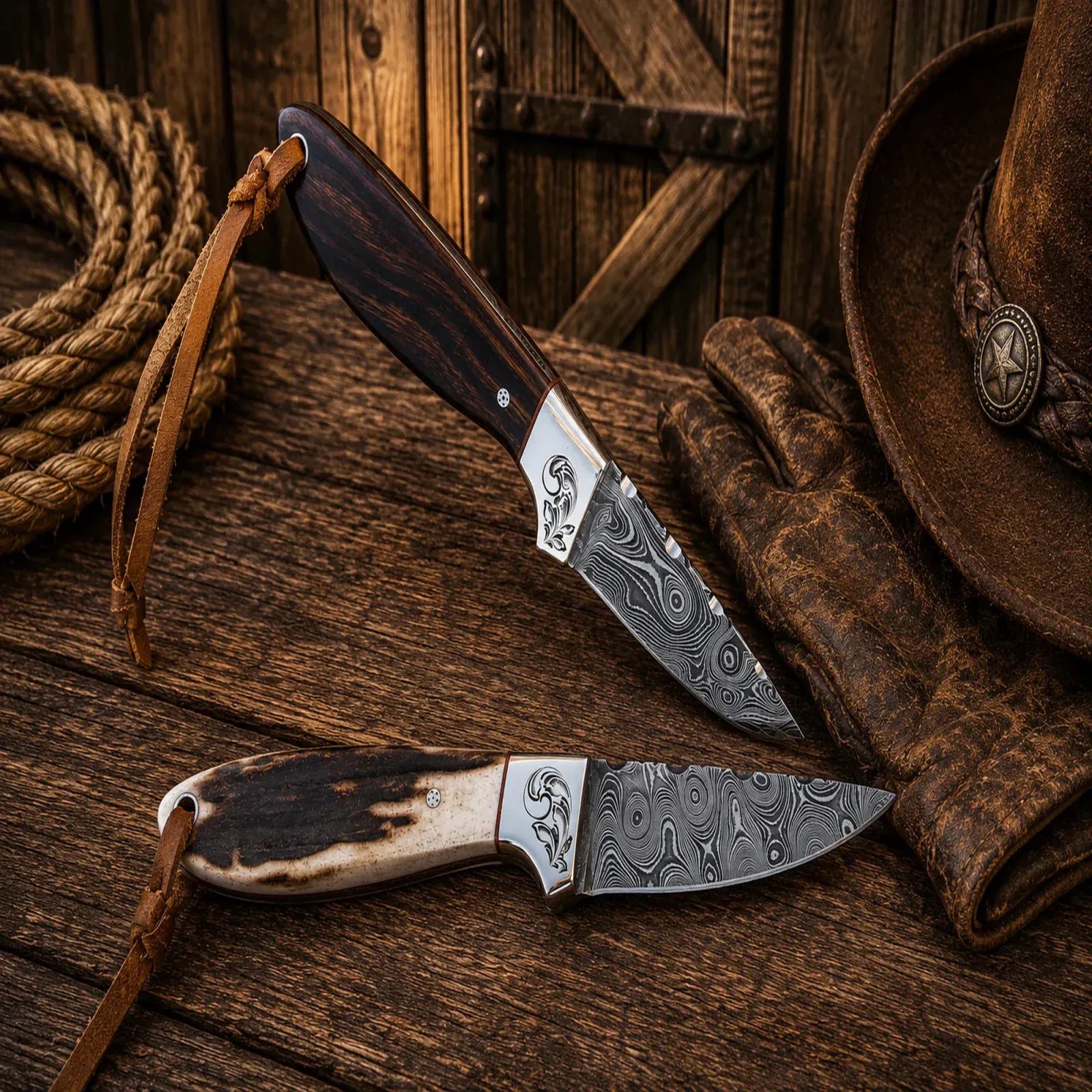 SHAM KNIVES Cowboy Knife Longhorn Legacy Buckaroo Knife Set – Damascus Steel, Antler Wood Handle & Cross Draw Pancake Sheath