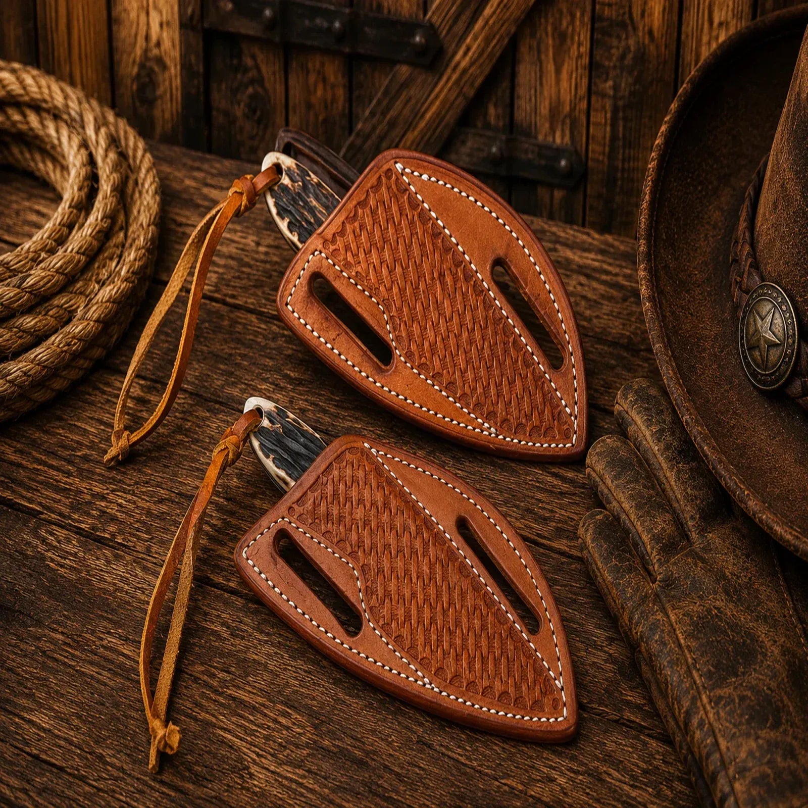 SHAM KNIVES Cowboy Knife Longhorn Legacy Buckaroo Knife Set – Damascus Steel, Antler Wood Handle & Cross Draw Pancake Sheath