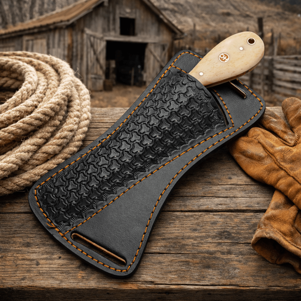 SHAM KNIVES Cowboy Knife Maverick Bull Cutter – Hand-Forged Damascus Cowboy Skinner Knife with Leather Sheath
