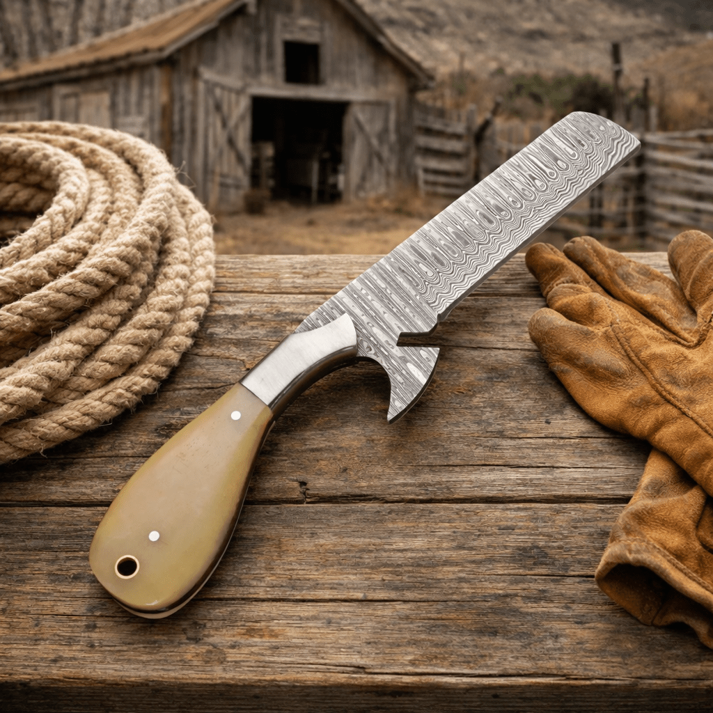 SHAM KNIVES Cowboy Knife Maverick Bull Cutter – Hand-Forged Damascus Cowboy Skinner Knife with Leather Sheath