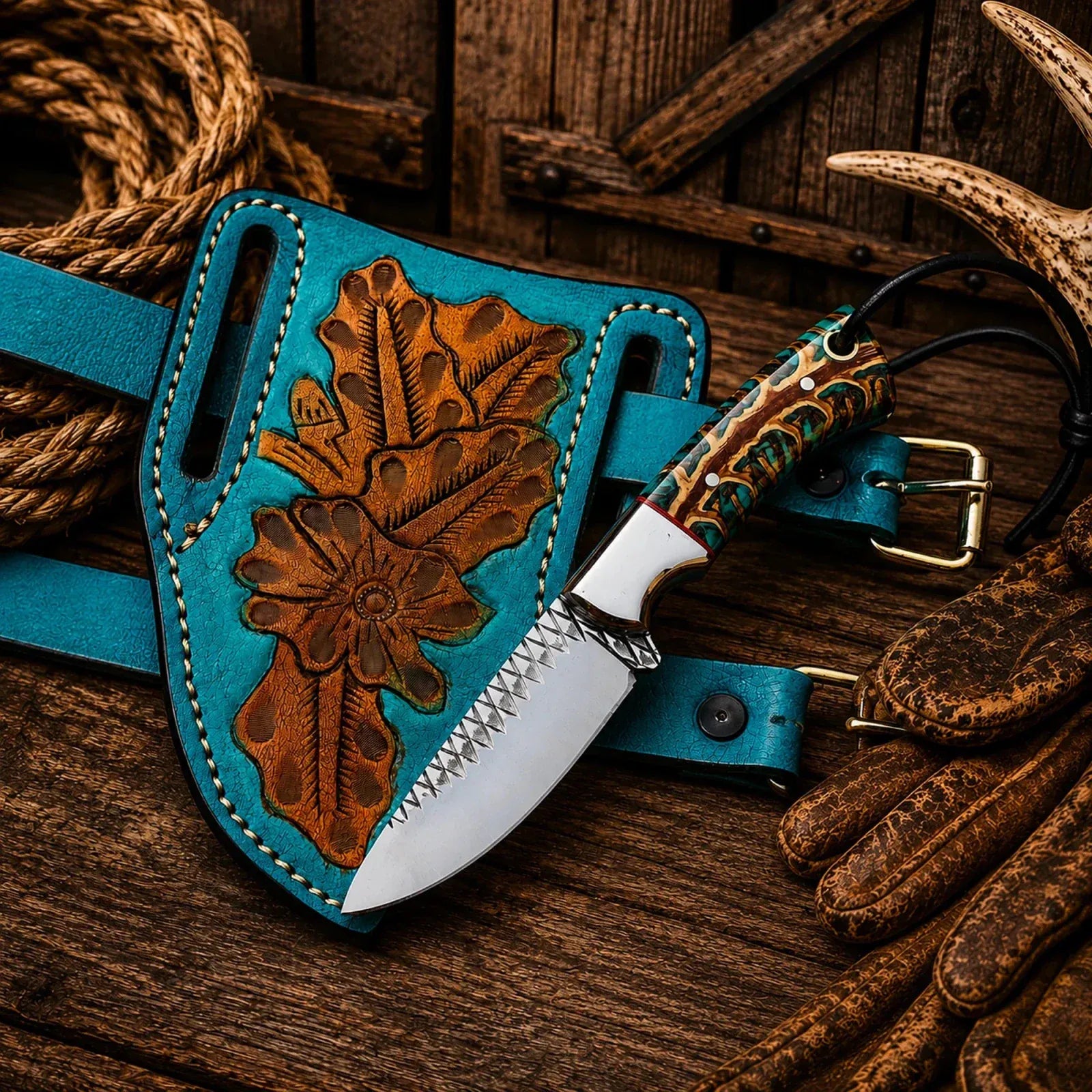 SHAM KNIVES Cowboy Knife Pancake Leg Sheath Cowboy Field Knife – Rasp Steel Blade & Turquoise Pinecone Handle