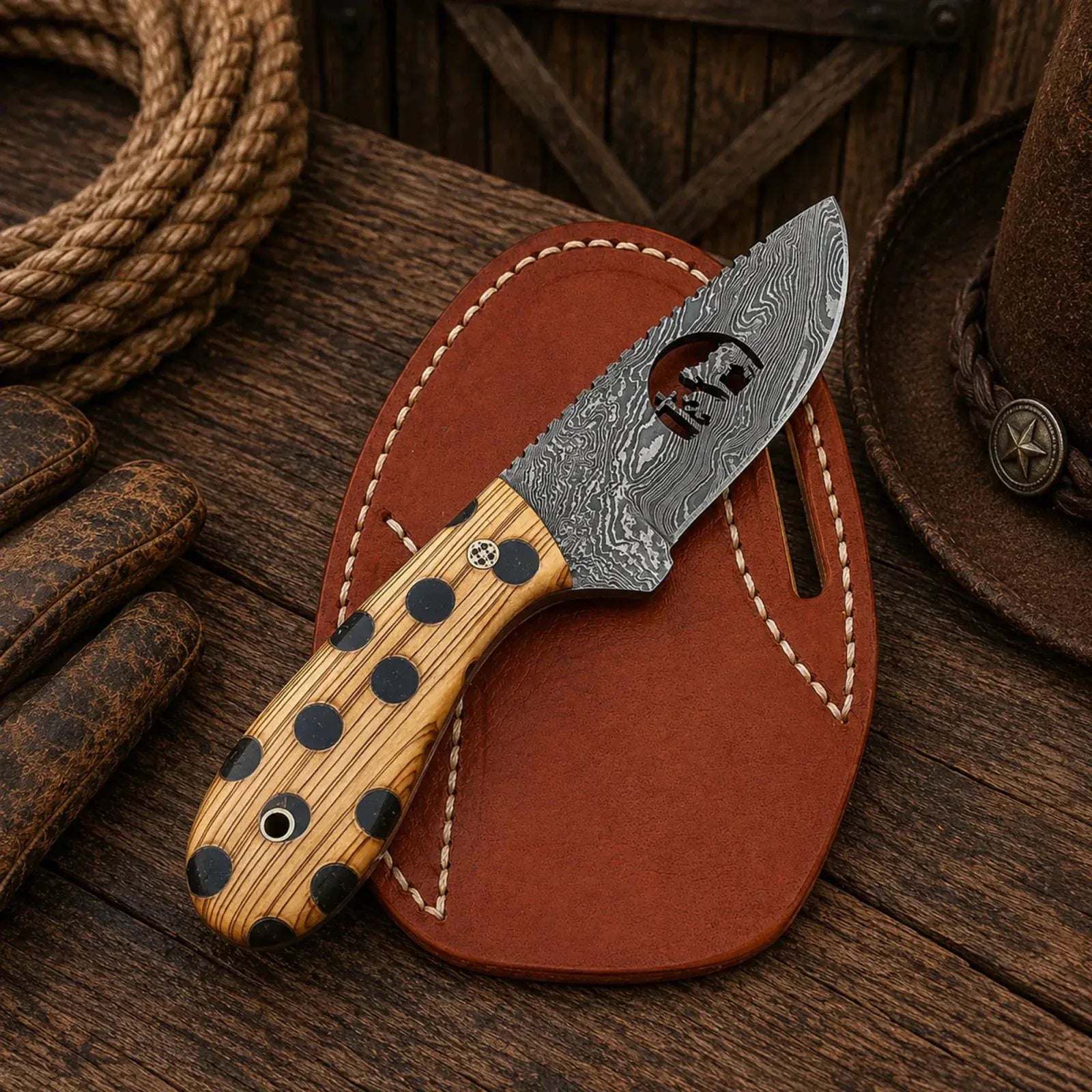 SHAM KNIVES Cowboy Knife Pancake Sheath EDC Knife – Damascus Blade Cholla Cactus Handle