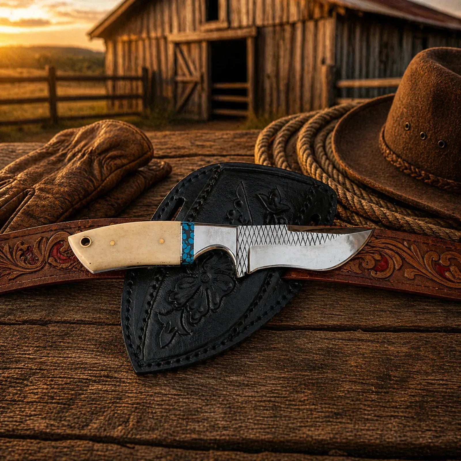 SHAM KNIVES Cowboy Knife Pancake Sheath Knife – Rasp Steel Blade With Bone & Turquoise Handle
