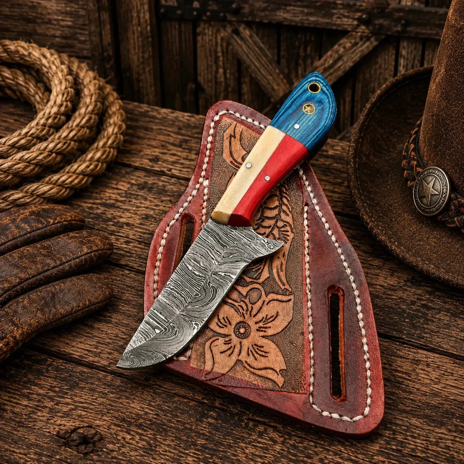 SHAM KNIVES Cowboy Knife Texas Ranch Field Knife – Damascus Steel Blade with Back Belt Sheath