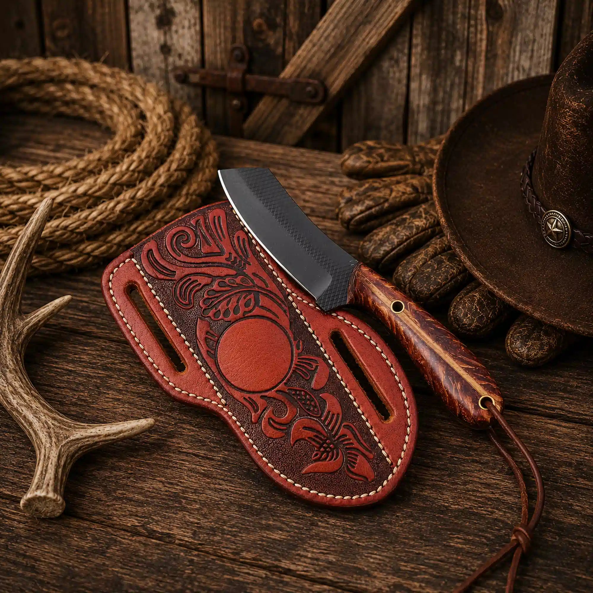 SHAM KNIVES Cowboy Knife Utility Ranch Ready Knife with Sheath – 3.75" D2 Rasp Steel & Pine Cone Handle