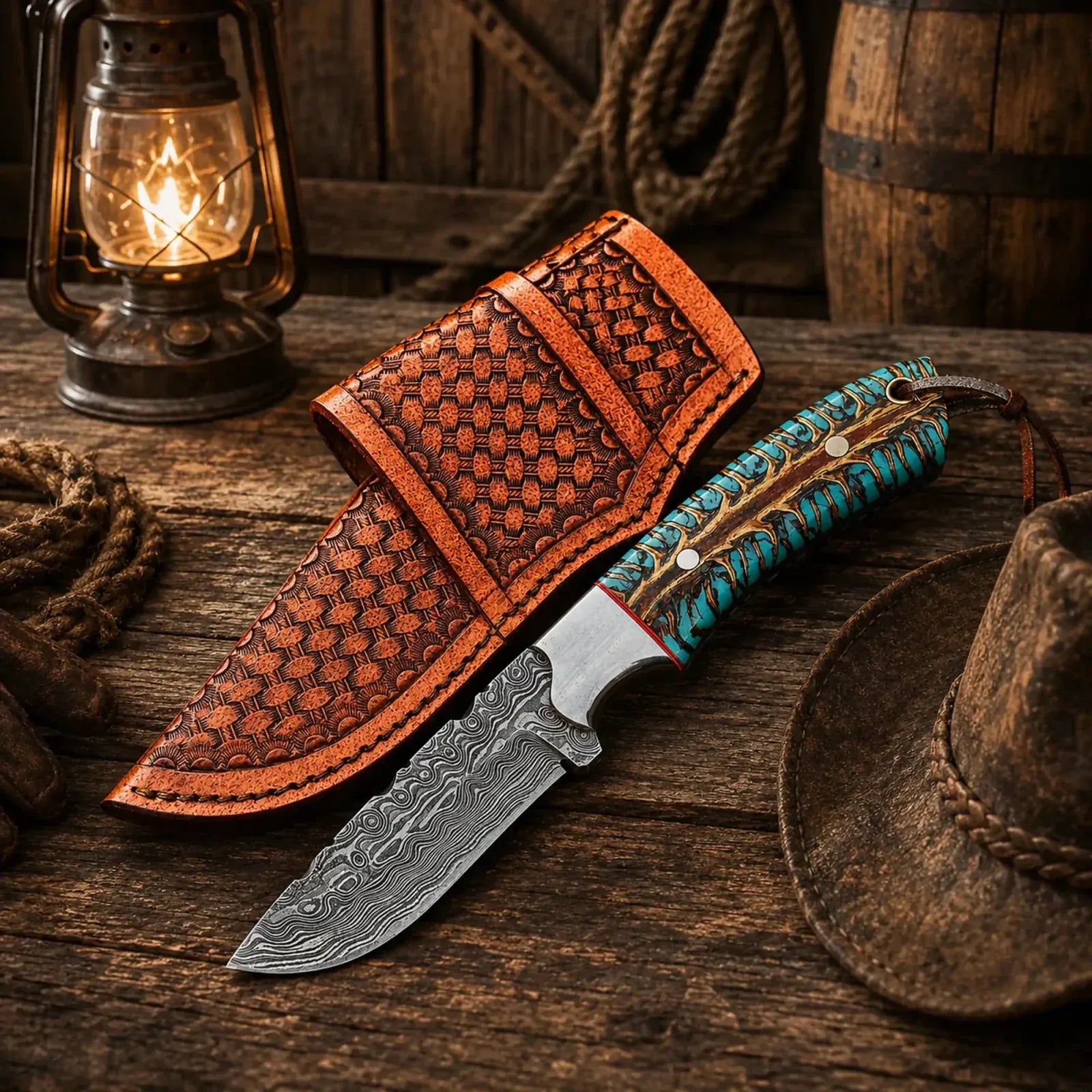 SHAM KNIVES Cowboy Knife Western Belt Carry Knife – 4” Damascus Blade Pinecone Handle