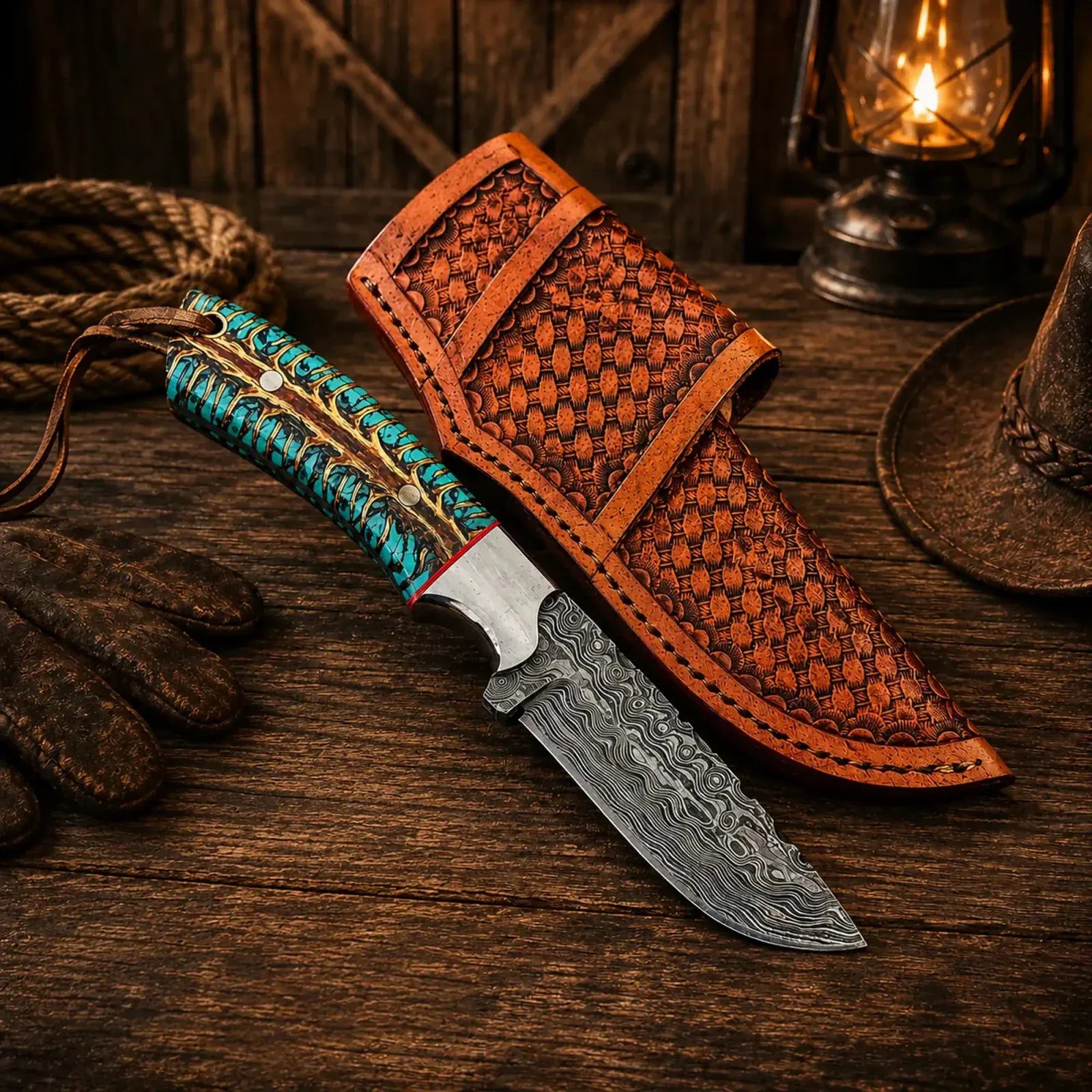 SHAM KNIVES Cowboy Knife Western Belt Carry Knife – 4” Damascus Blade Pinecone Handle