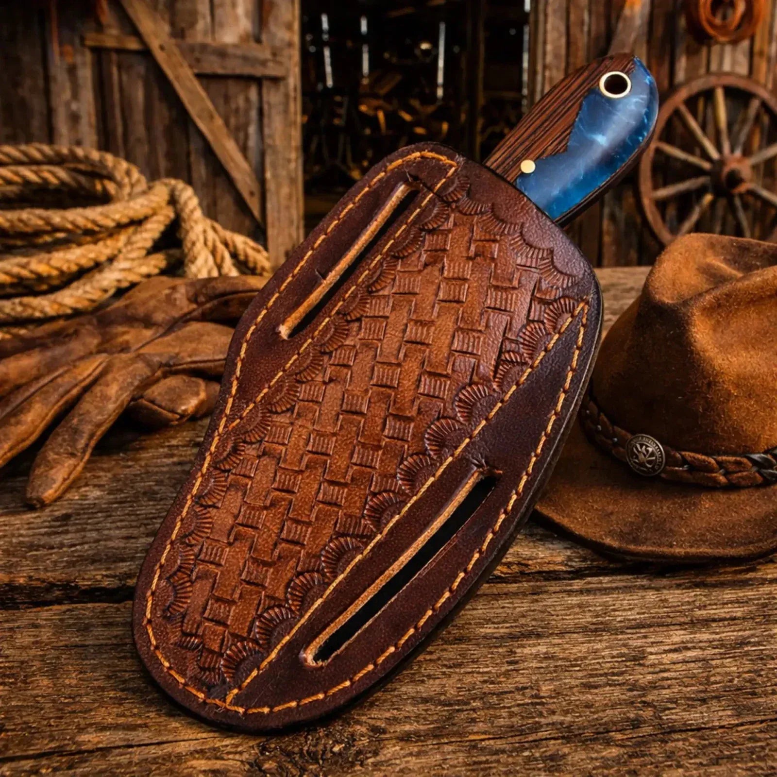 SHAM KNIVES Cowboy Knife Western Rasp Steel Knife & Belt Sheath – 3.75” Blade, Epoxy Resin & Wenge Wood Handle