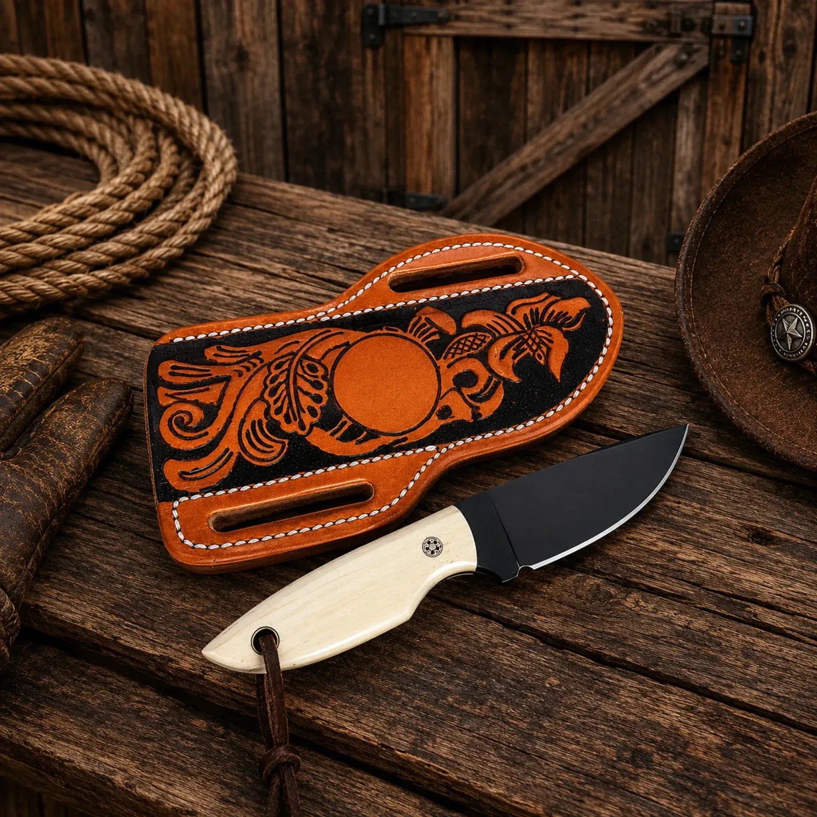 SHAM KNIVES Cowboy Knife Western Sheath Knife – Black Powder Coated D2 Steel Blade & Bone Handle
