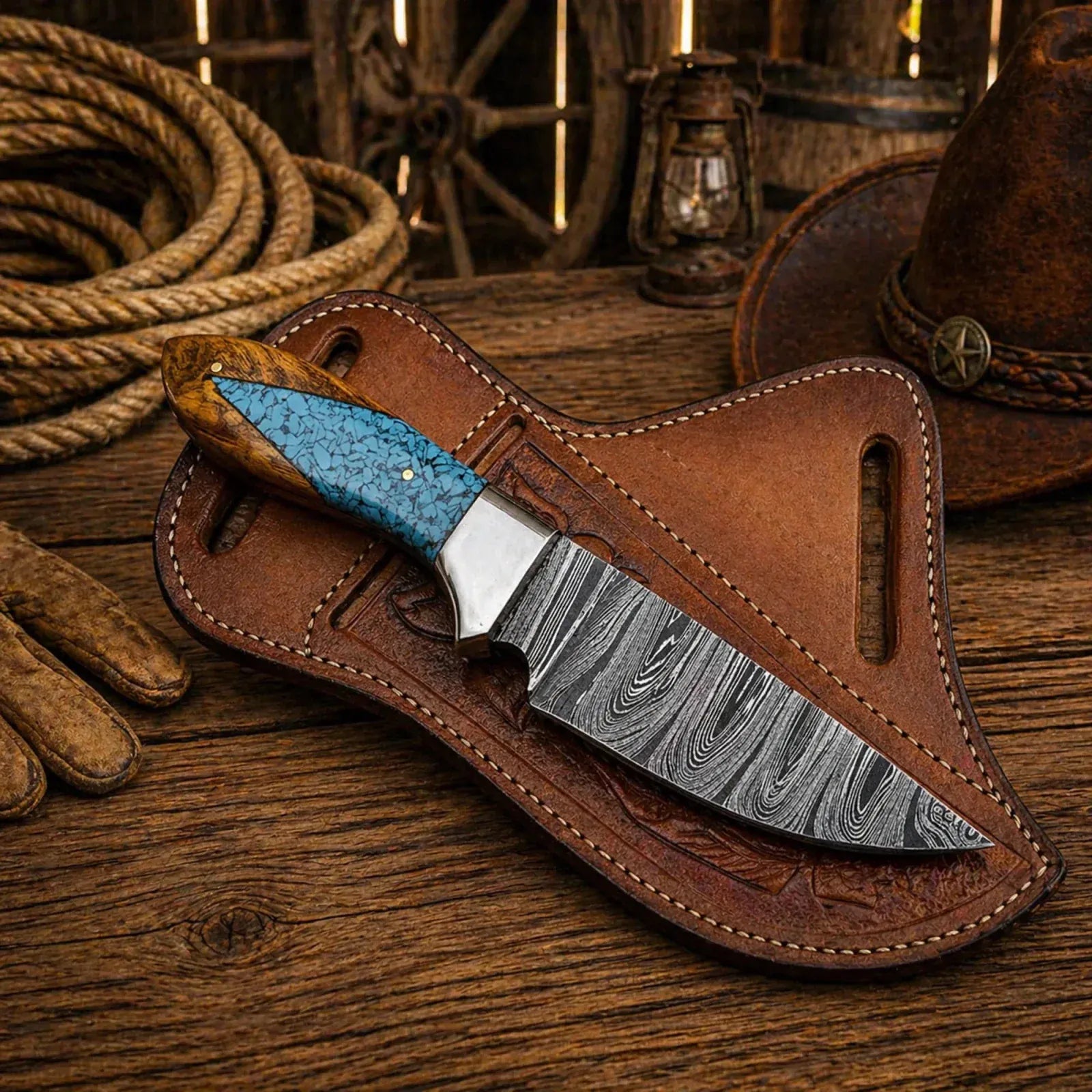 SHAM KNIVES Cowboy Knife Working Ranch Knife Damascus Steel Wood & Turquoise Handle EDC